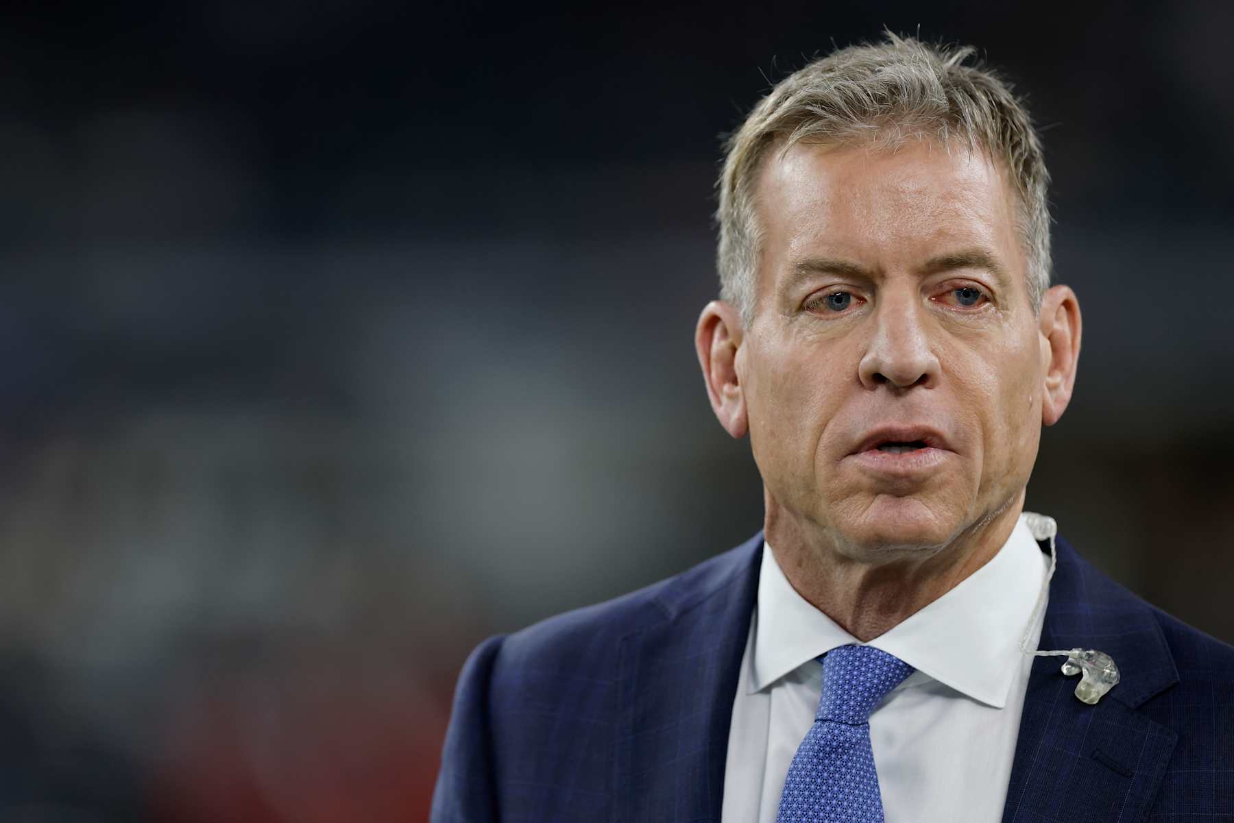 ARLINGTON, TEXAS - DECEMBER 09: Former Quarterback Troy Aikman looks on prior to the game between the Cincinnati Bengals and the Dallas Cowboys at AT&T Stadium on December 09, 2024 in Arlington, Texas. (Photo by Ron Jenkins/Getty Images)