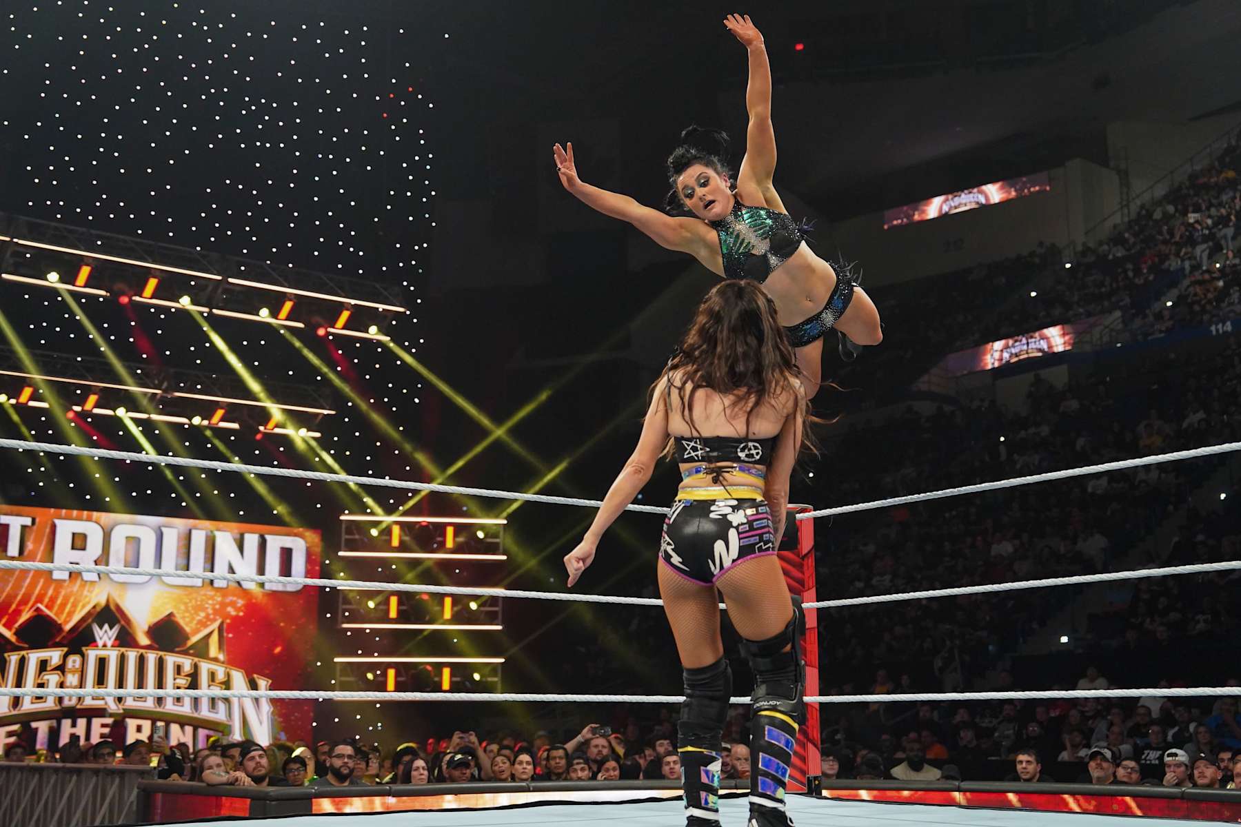 HARTFORD, CONNECTICUT - MAY 6: Lyra Valkyria and Dakota Kai in action during Monday Night RAW at XL Center on May 6, 2024 in Hartford, Connecticut. (Photo by WWE/Getty Images)