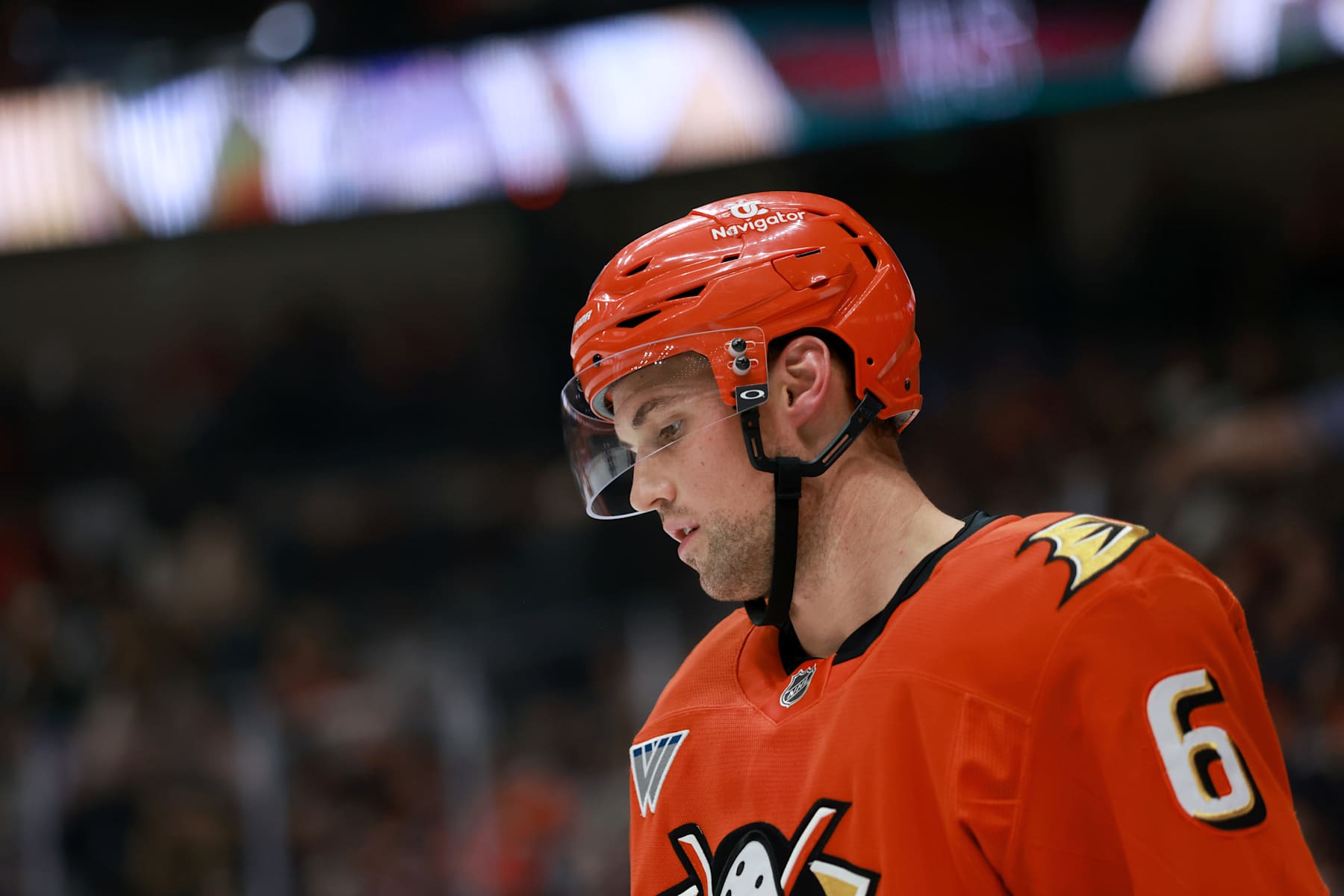 ANAHEIM, CALIFORNIA - DECEMBER 31: Brian Dumoulin #6 of the Anaheim Ducks looks on in the first period during the game against the New Jersey Devils at Honda Center on December 31, 2024 in Anaheim, California. (Photo by Nicole Vasquez /NHLI for Getty Images )