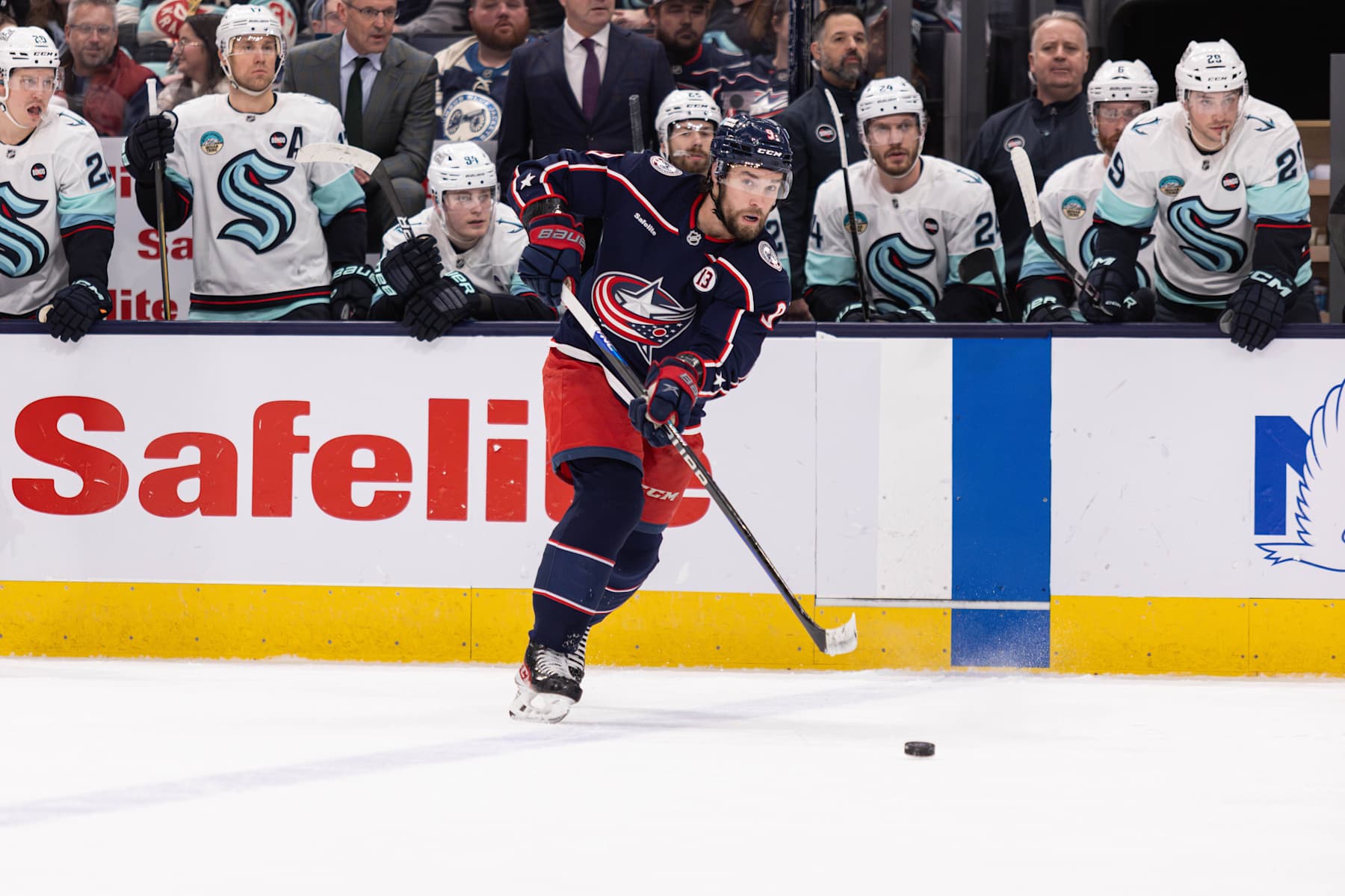 COLUMBUS, OH - JANUARY 09: Columbus Blue Jackets Defenceman Ivan Provorov (9) looks to pass in the first period as the Columbus Blue Jackets take on the Seattle Kraken on January 9, 2025 at Nationwide Arena in Columbus, OH. (Photo by Michael Brown/Icon Sportswire via Getty Images)