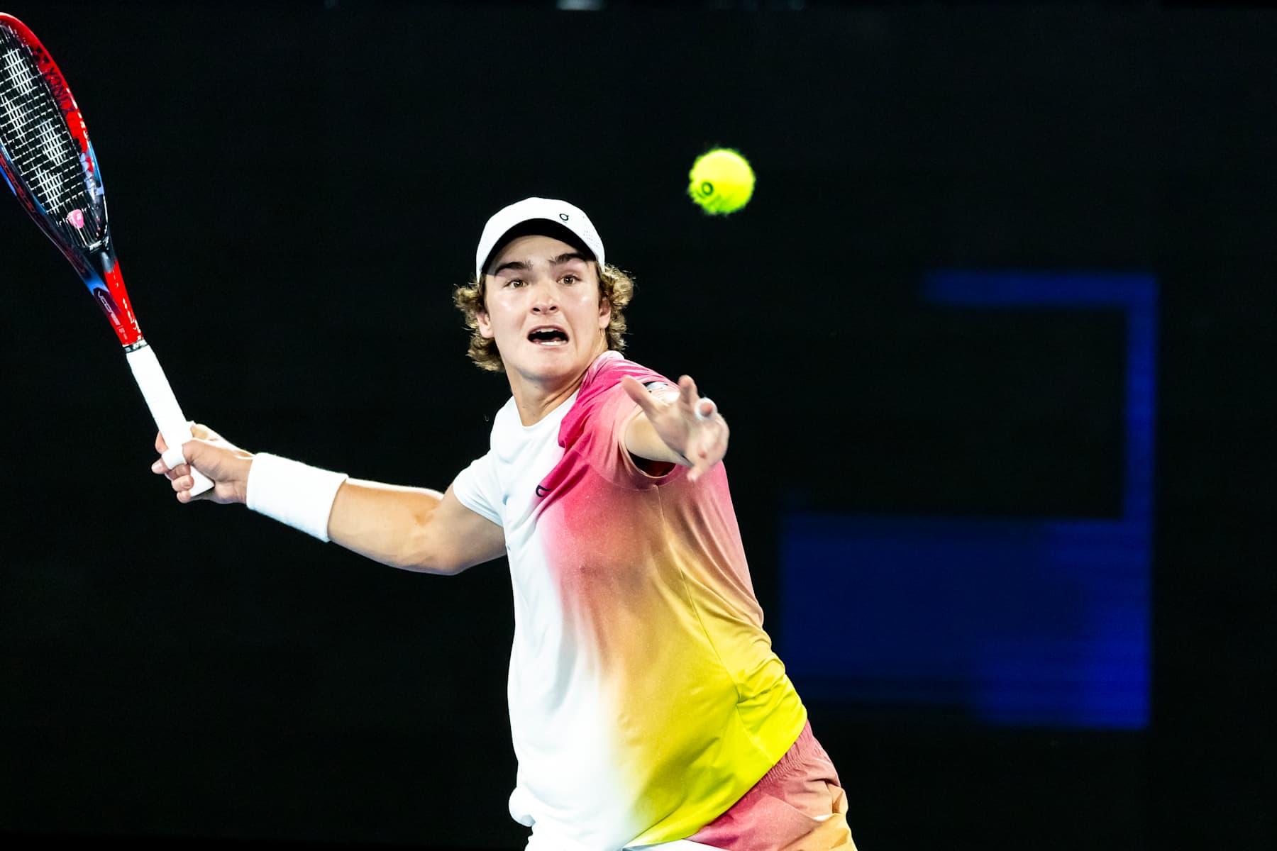 MELBOURNE, VIC - JANUARY 14: Joao Fonseca of Brazil in action during Round 1 of the 2025 Australian Open on January 14 2025, at Melbourne Park in Melbourne, Australia. (Photo by Jason Heidrich/Icon Sportswire via Getty Images)