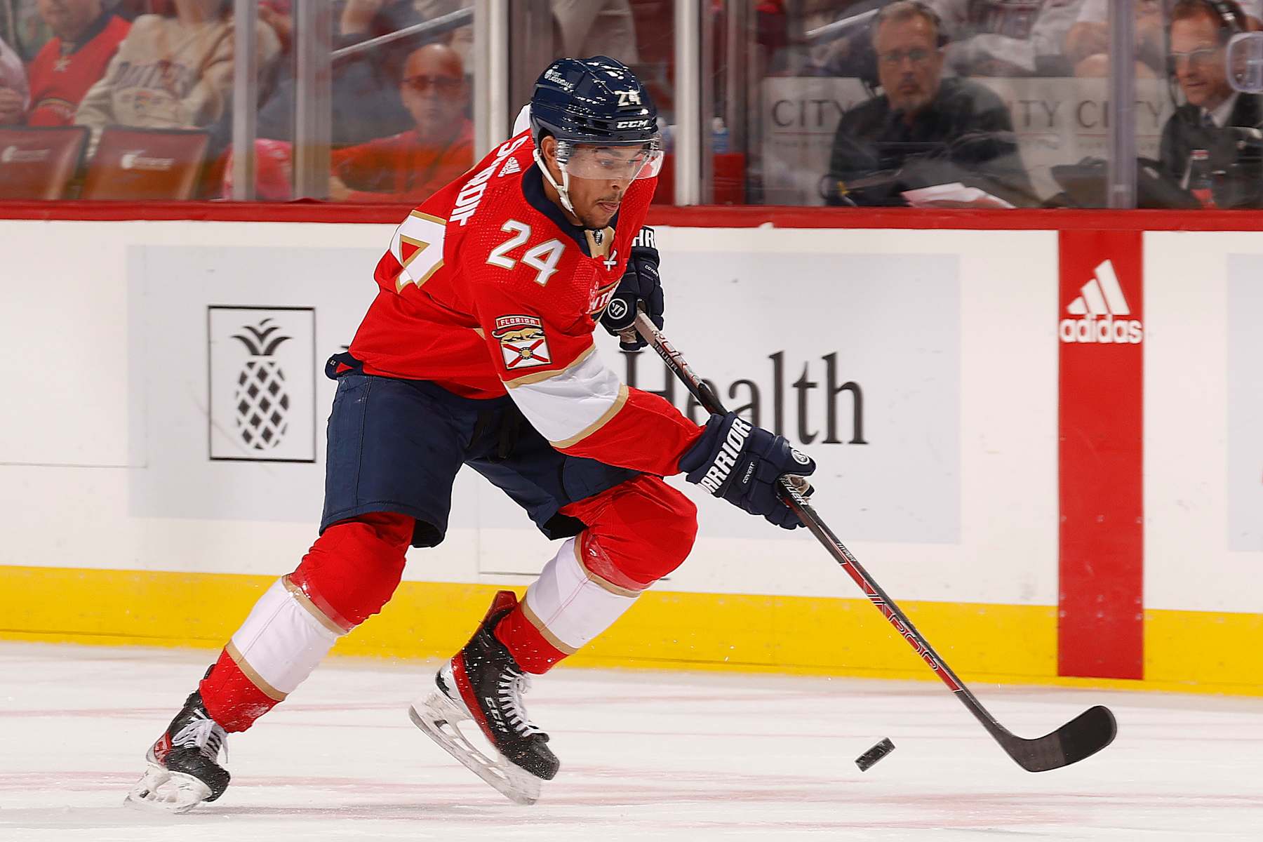 SUNRISE, FLORIDA - OCTOBER 21: Justin Sourdif #24 of the Florida Panthers skates with the puck against the Vancouver Canucks at the Amerant Bank Arena on October 21, 2023 in Sunrise, Florida. (Photo by Eliot J. Schechter/NHLI via Getty Images)