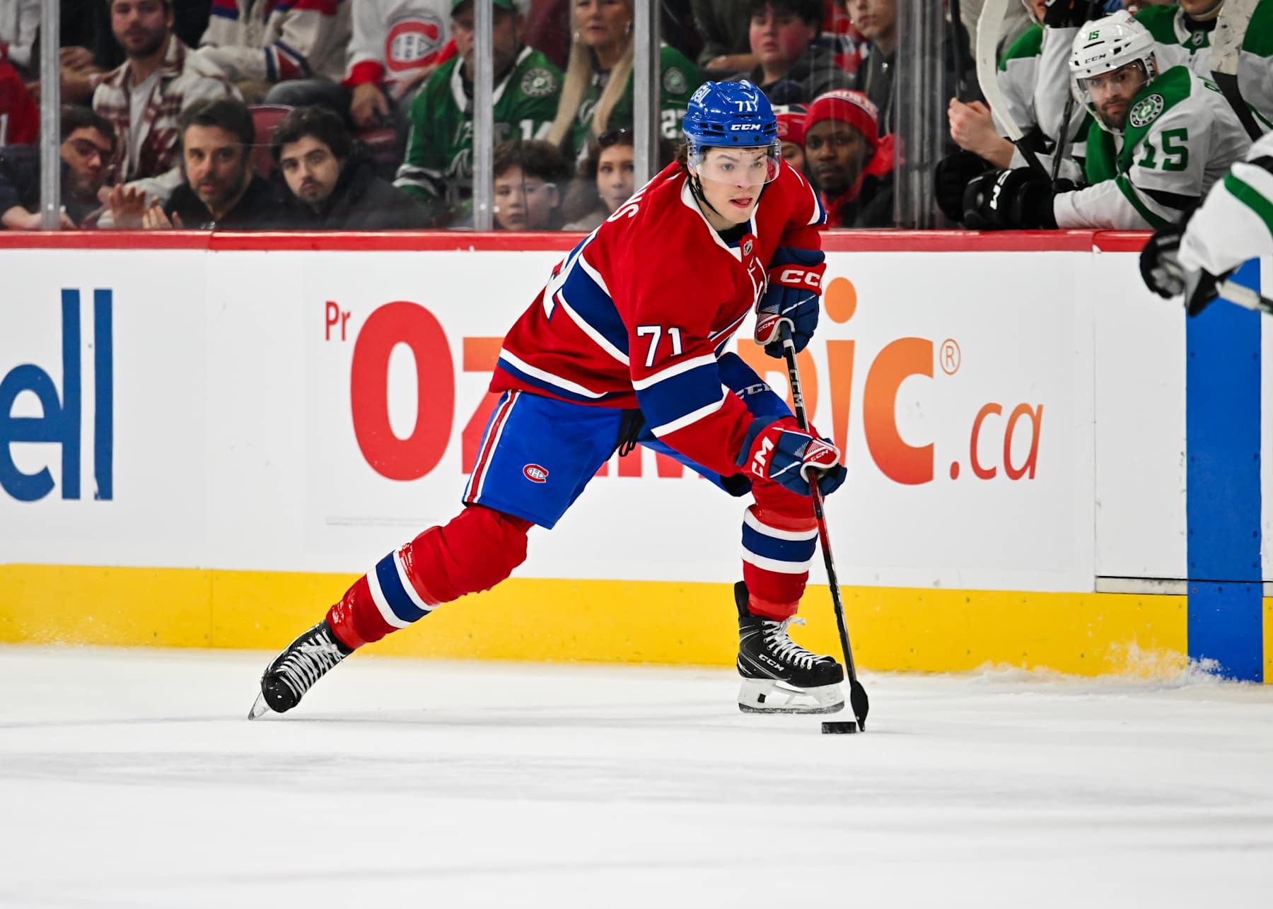 MONTREAL, CANADA - JANUARY 11: Jake Evans #71 of the Montreal Canadiens skates the puck during overtime against the Dallas Stars at the Bell Centre on January 11, 2025 in Montreal, Quebec, Canada. The Dallas Stars defeated the Montreal Canadiens 2-1 in a shootout. (Photo by Minas Panagiotakis/Getty Images)