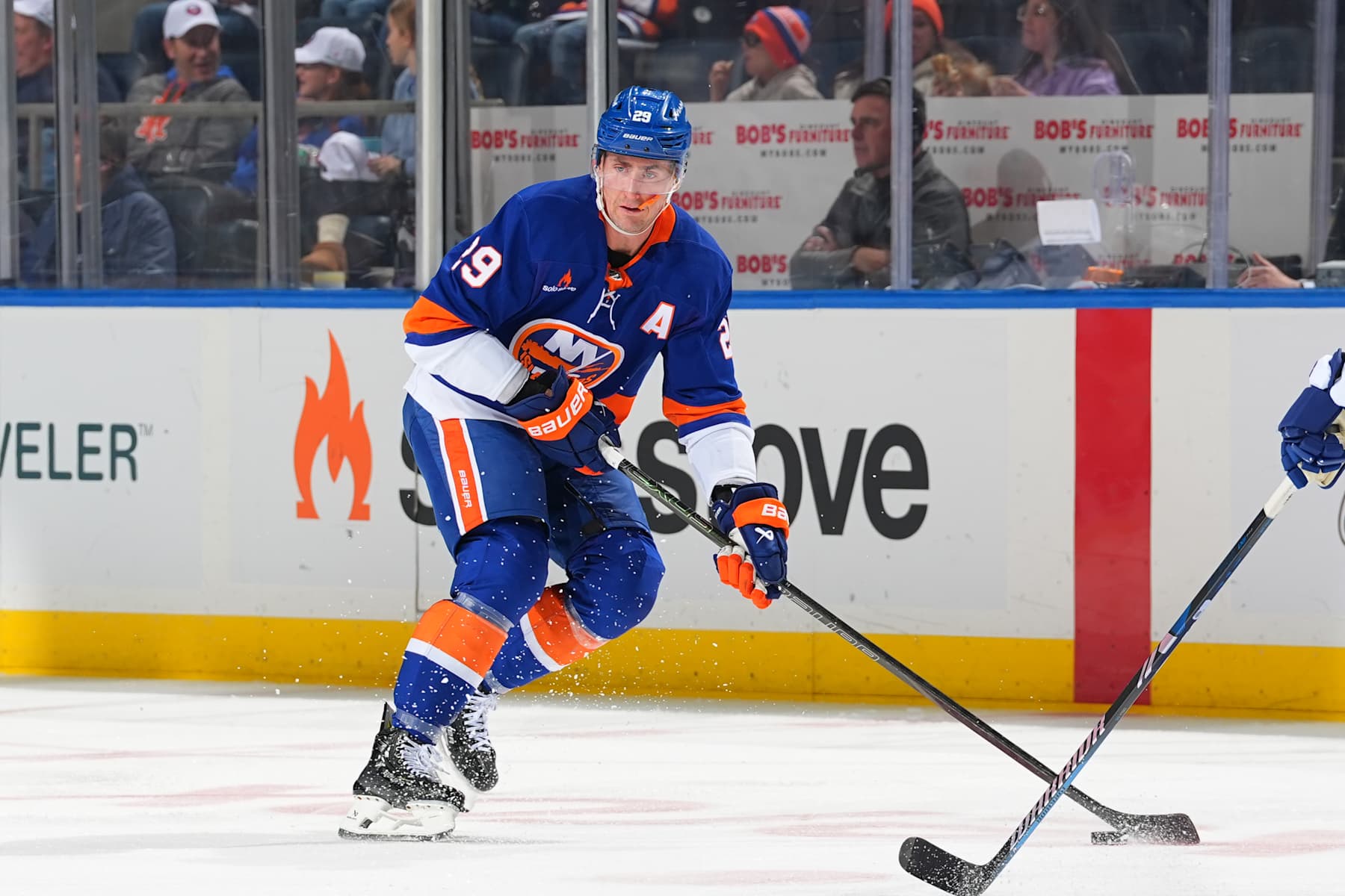 ELMONT, NEW YORK - JANUARY 02: Brock Nelson #29 of the New York Islanders skates during the game against the Toronto Maple Leafs on January 2, 2025 at UBS Arena in Elmont, New York (Photo by Rich Graessle/Getty Images)