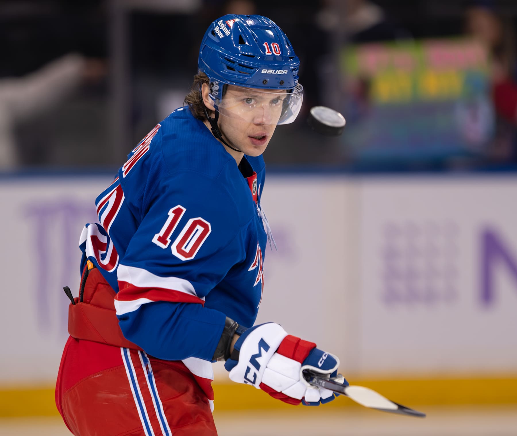 NEW YORK, NEW YORK - JANUARY 07: Artemi Panarin #10 of the New York Rangers skates during warmups prior to the game against the Dallas Stars at Madison Square Garden on January 07, 2025 in New York City. (Photo by Michael Mooney/NHLI via Getty Images)