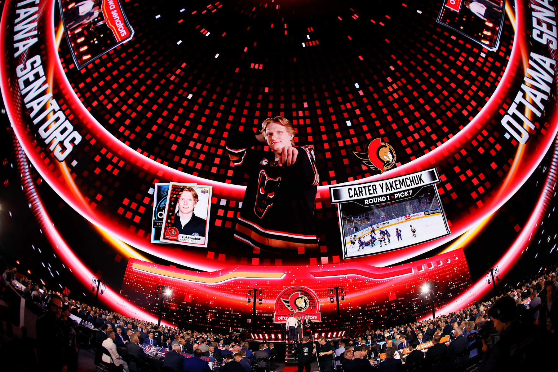 LAS VEGAS, NEVADA - JUNE 28: Carter Yakemchuk is selected by the Ottawa Senators with the seventh overall pick during the first round of the 2024 Upper Deck NHL Draft at Sphere on June 28, 2024 in Las Vegas, Nevada. (Photo by Bruce Bennett/Getty Images)