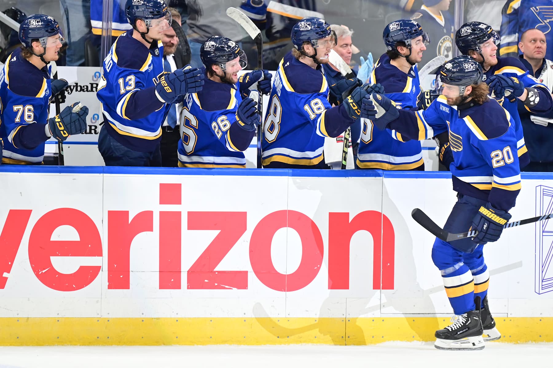 ST. LOUIS, MO - JANUARY 03: St. Louis Blues leftwing Brandon Saad (20) is congratulated by teammates after scoring in the first period during a NHL game between the Ottawa Senators and the St. Louis Blues, on January 03, 2025, at Enterprise Center, St. Louis, MO. (Photo by Keith Gillett/IconSportswire)
