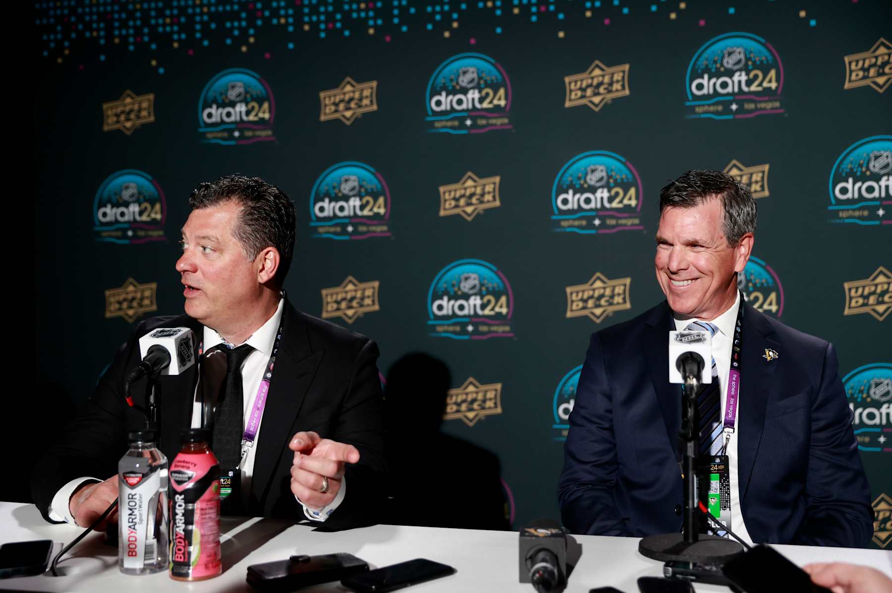 LAS VEGAS, NEVADA - JUNE 28: (L-R) General Manager Bill Guerin Minnesota Wild and head coach Mike Sullivan of the Pittsburgh Penguins speaks with the media before the first round of the 2024 Upper Deck NHL Draft at Sphere on June 28, 2024 in Las Vegas, Nevada. (Photo by Jeff Vinnick/NHLI via Getty Images)