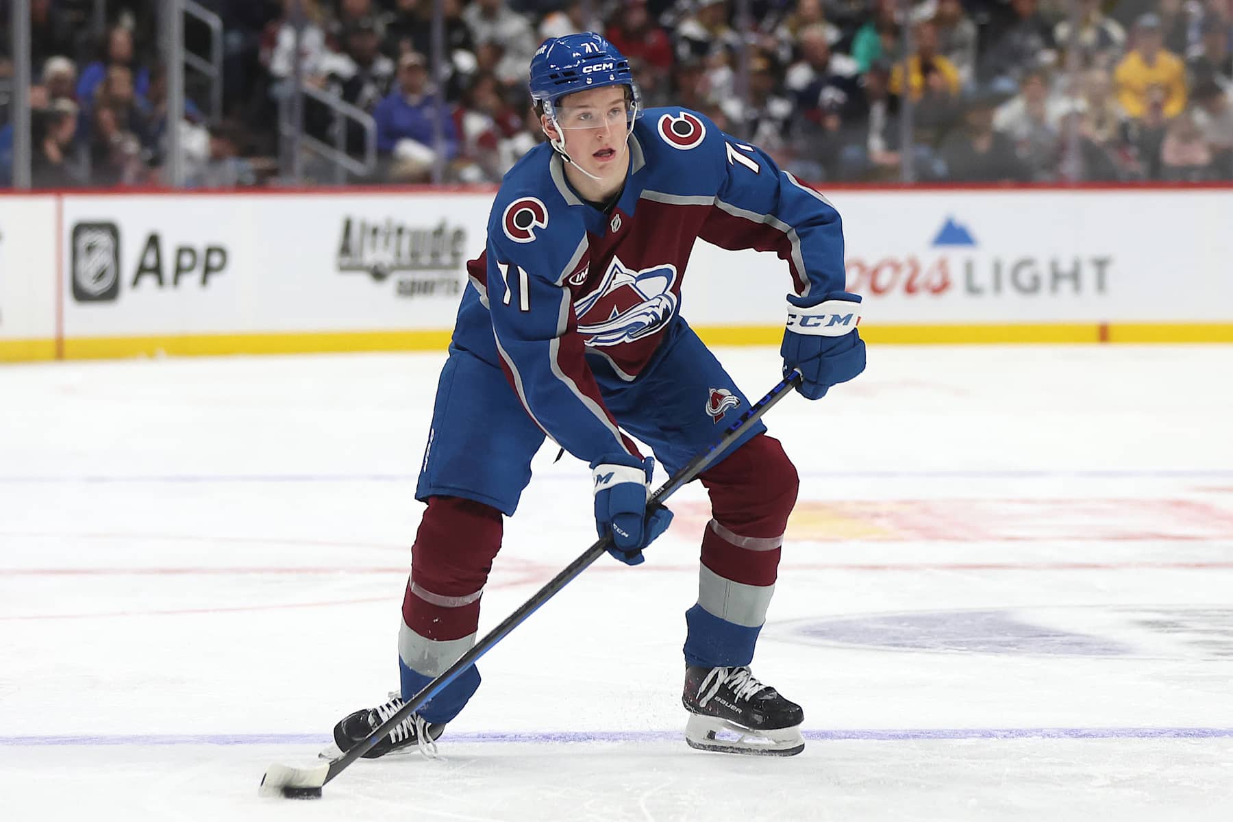 DENVER, COLORADO - OCTOBER 18: Calum Ritchie #71 of the Colorado Avalanche plays the Anaheim Ducks in the second period at Ball Arena on October 18, 2024 in Denver, Colorado. (Photo by Matthew Stockman/Getty Images)