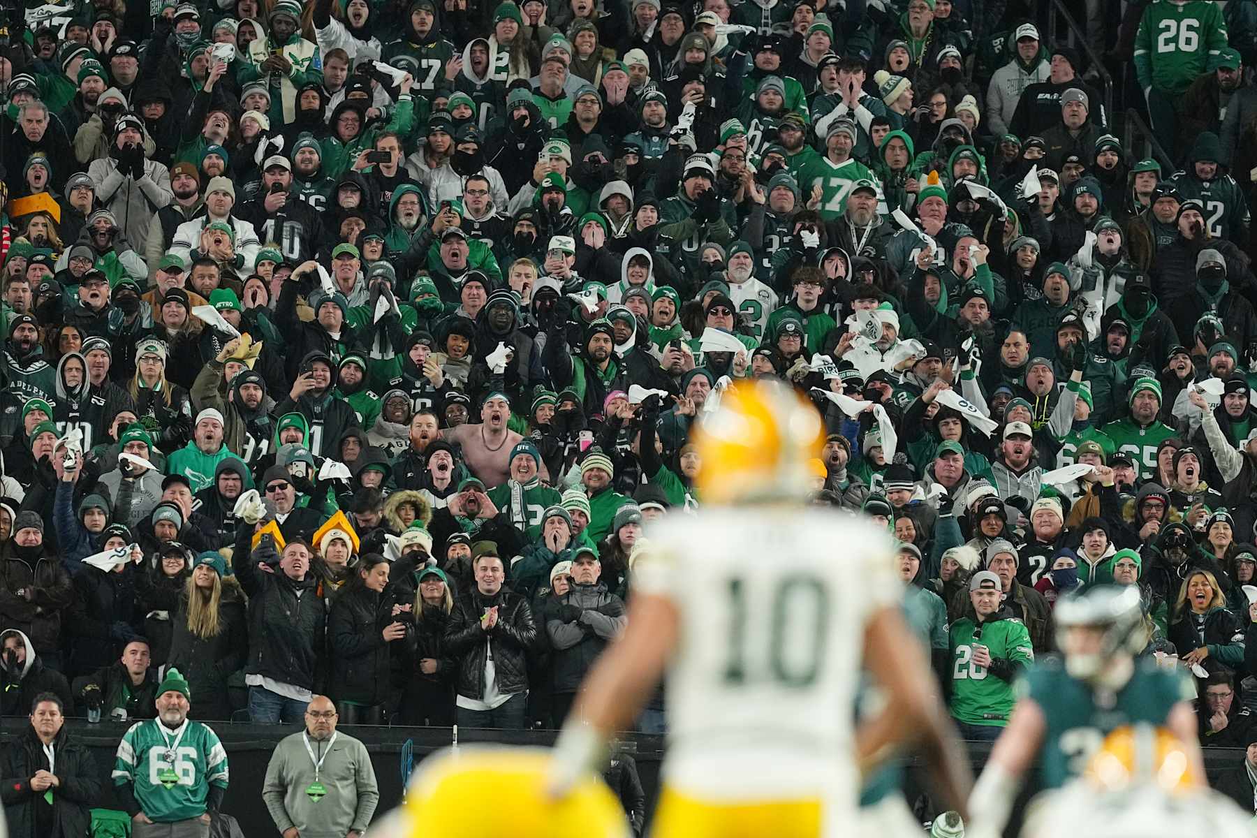 PHILADELPHIA, PENNSYLVANIA - JANUARY 12: Philadelphia Eagles fans react in the fourth quarter of a game against the Green Bay Packers during the NFC Wild Card Playoff at Lincoln Financial Field on January 12, 2025 in Philadelphia, Pennsylvania.  (Photo by Mitchell Leff/Getty Images)