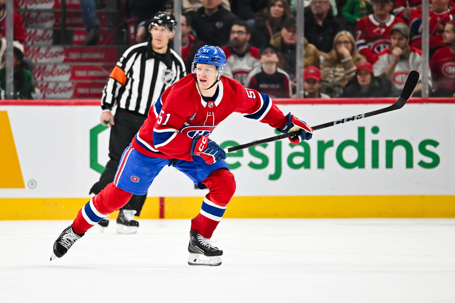 MONTREAL, CANADA - JANUARY 11: Emil Heineman #51 of the Montreal Canadiens skates during the second period against the Dallas Stars at the Bell Centre on January 11, 2025 in Montreal, Quebec, Canada. The Dallas Stars defeated the Montreal Canadiens 2-1 in a shootout. (Photo by Minas Panagiotakis/Getty Images)