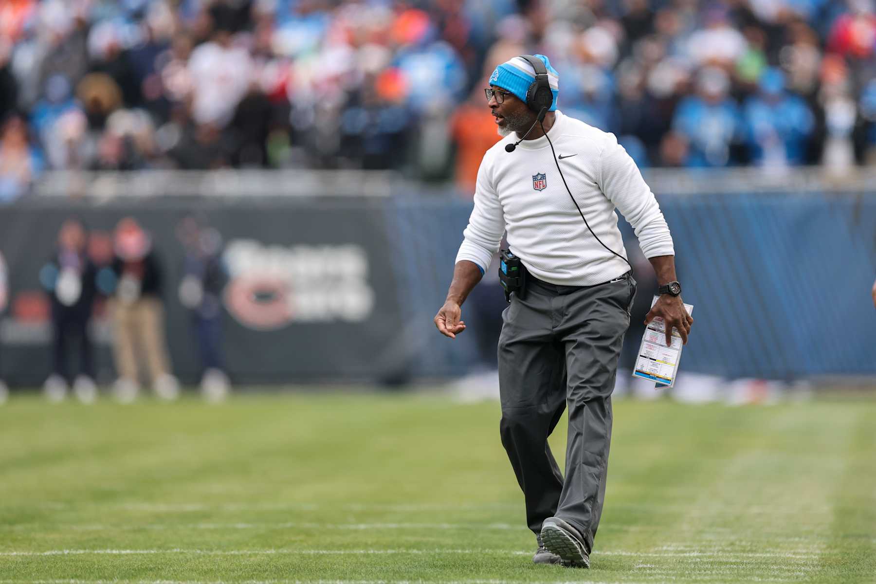 CHICAGO, ILLINOIS - DECEMBER 22: Defensive coordinator Aaron Glenn of the Detroit Lions reacts during the fourth quarter against the Chicago Bears at Soldier Field on December 22, 2024 in Chicago, Illinois. (Photo by Michael Reaves/Getty Images)