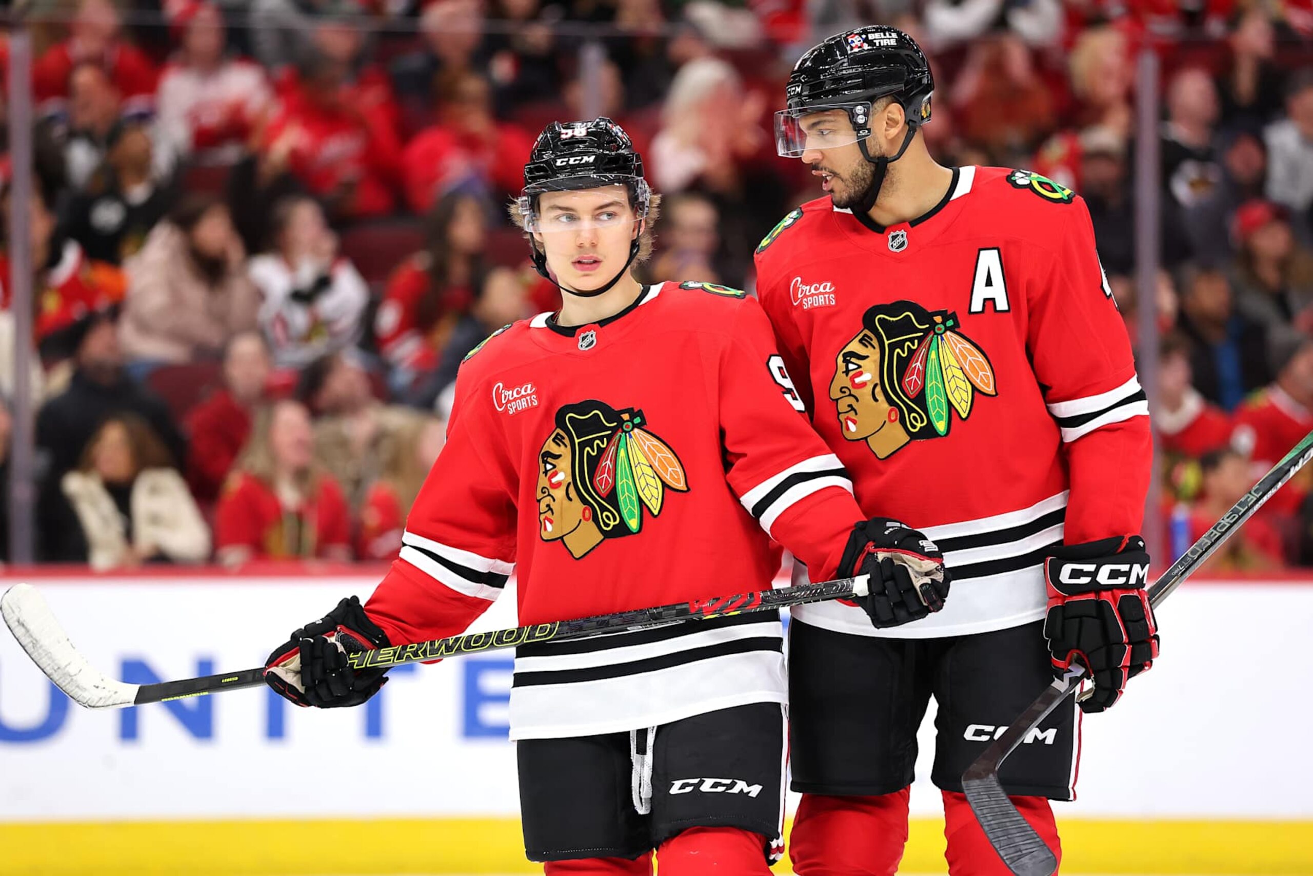 CHICAGO, ILLINOIS - JANUARY 03: Connor Bedard #98 and Seth Jones #4 of the Chicago Blackhawks look on against the Montreal Canadiens during the third period at the United Center on January 03, 2025 in Chicago, Illinois. (Photo by Michael Reaves/Getty Images) CHICAGO, ILLINOIS - JANUARY 03: Connor Bedard #98 and Seth Jones #4 of the Chicago Blackhawks look on against the Montreal Canadiens during the third period at the United Center on January 03, 2025 in Chicago, Illinois. (Photo by Michael Reaves/Getty Images)