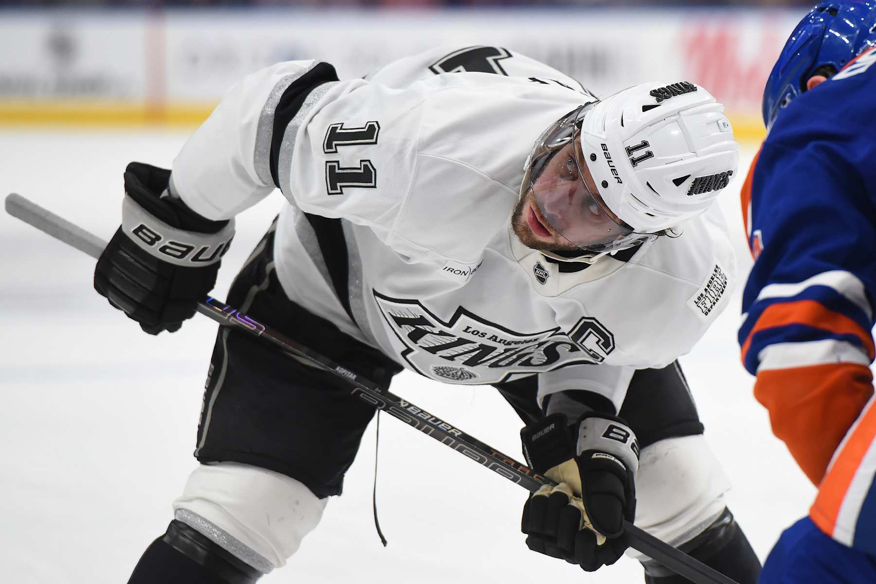 EDMONTON, CANADA - JANUARY 13: Anze Kopitar #11 of the Los Angeles Kings awaits a face-off during the game against the Edmonton Oilers at Rogers Place on January 13, 2025, in Edmonton, Alberta, Canada. (Photo by Leila Devlin/Getty Images)