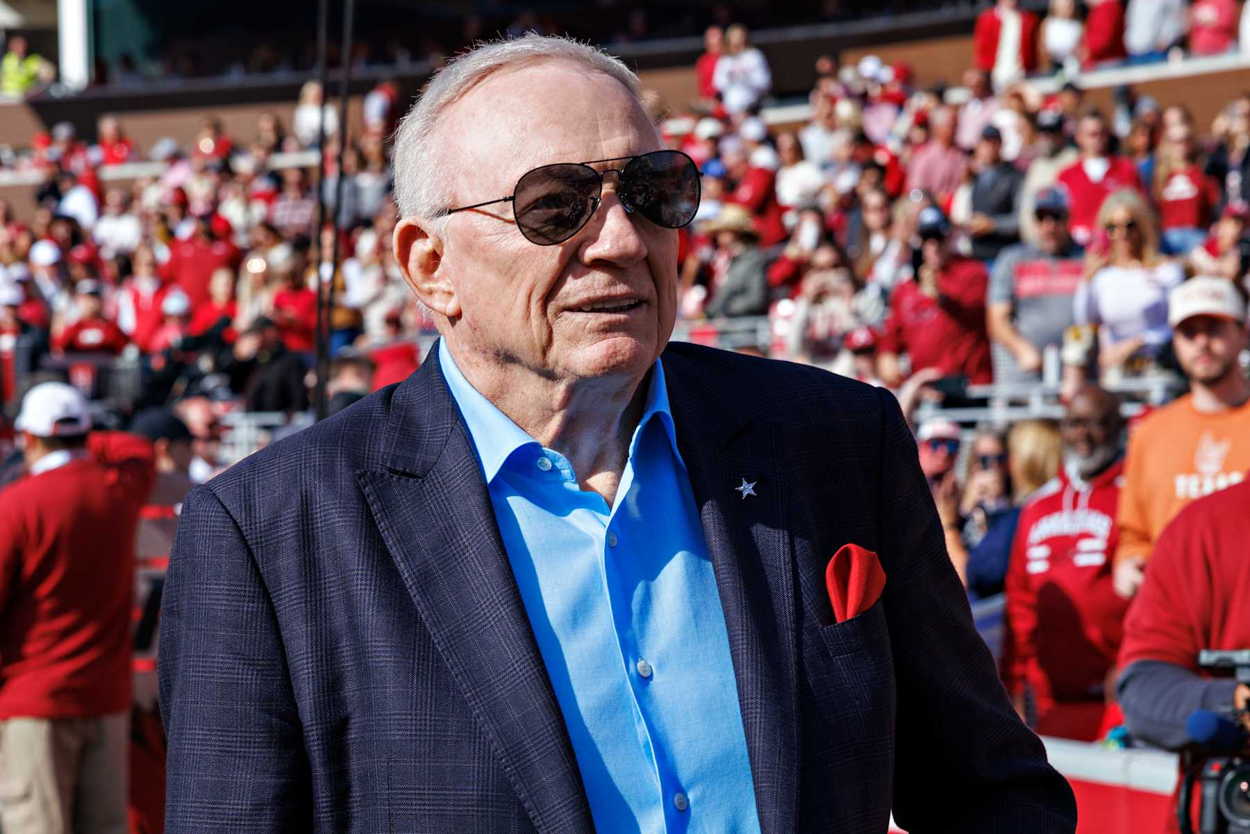 FAYETTEVILLE, ARKANSAS - NOVEMBER 16: Dallas Cowboys owner and Razorback Alumni Jerry Jones on the field during a game between the Texas Longhorns and the Arkansas Razorbacks at Donald W. Reynolds Razorback Stadium on November 16, 2024 in Fayetteville, Arkansas. The Longhorns defeated the Razorbacks 20-10.  (Photo by Wesley Hitt/Getty Images)