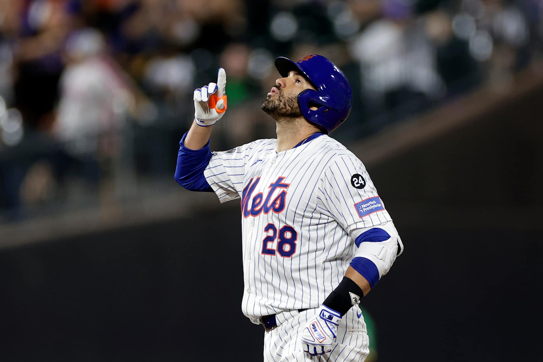 NEW YORK, NY - AUGUST 14: J.D. Martinez #28 of the New York Mets reacts during the seventh inning against the Oakland Athletics at Citi Field on August 14, 2024 in New York City. (Photo by Adam Hunger/Getty Images)