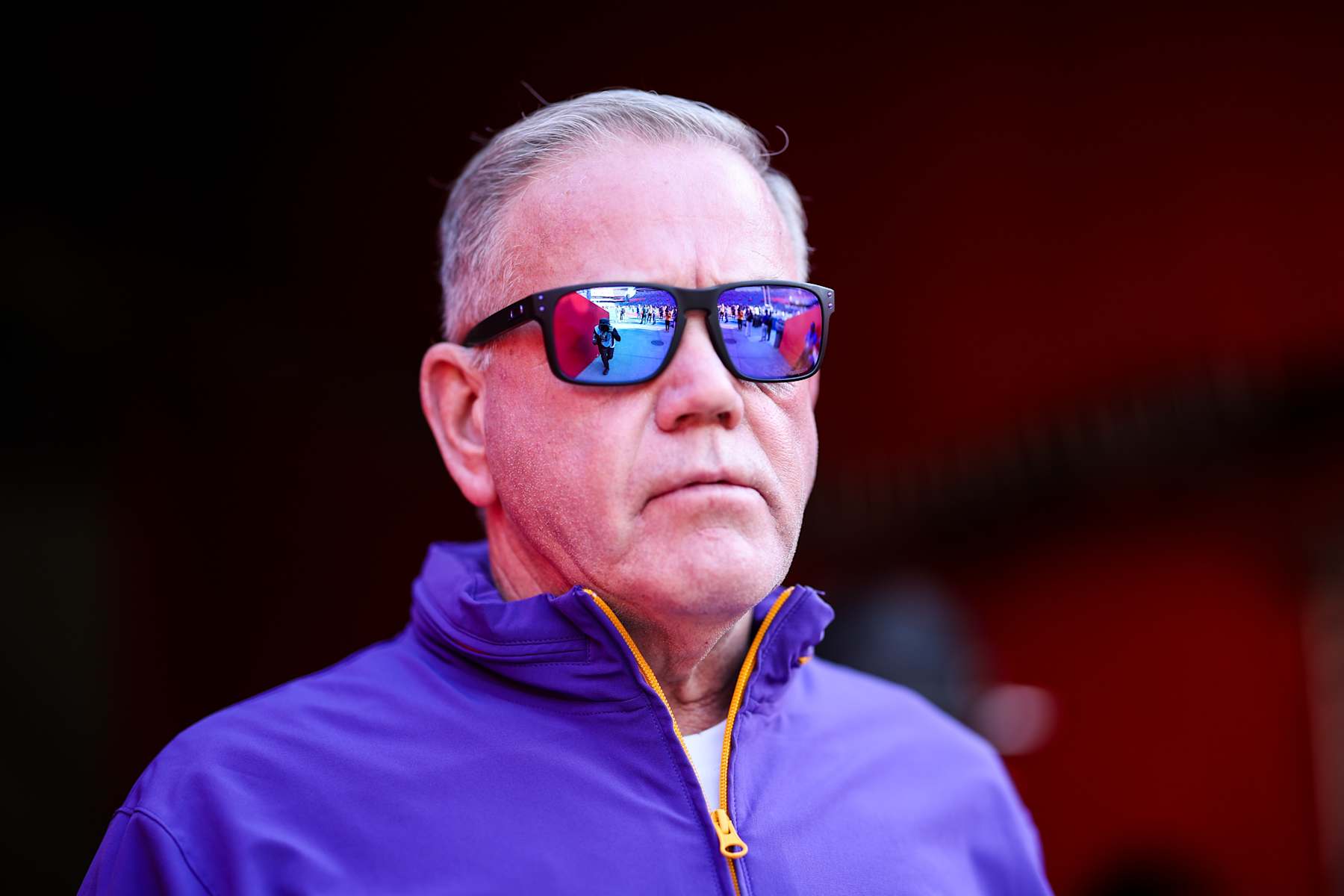 GAINESVILLE, FLORIDA - NOVEMBER 16: Head coach Brian Kelly of the LSU Tigers looks on before the start of a game against the Florida Gators at Ben Hill Griffin Stadium on November 16, 2024 in Gainesville, Florida. (Photo by James Gilbert/Getty Images)