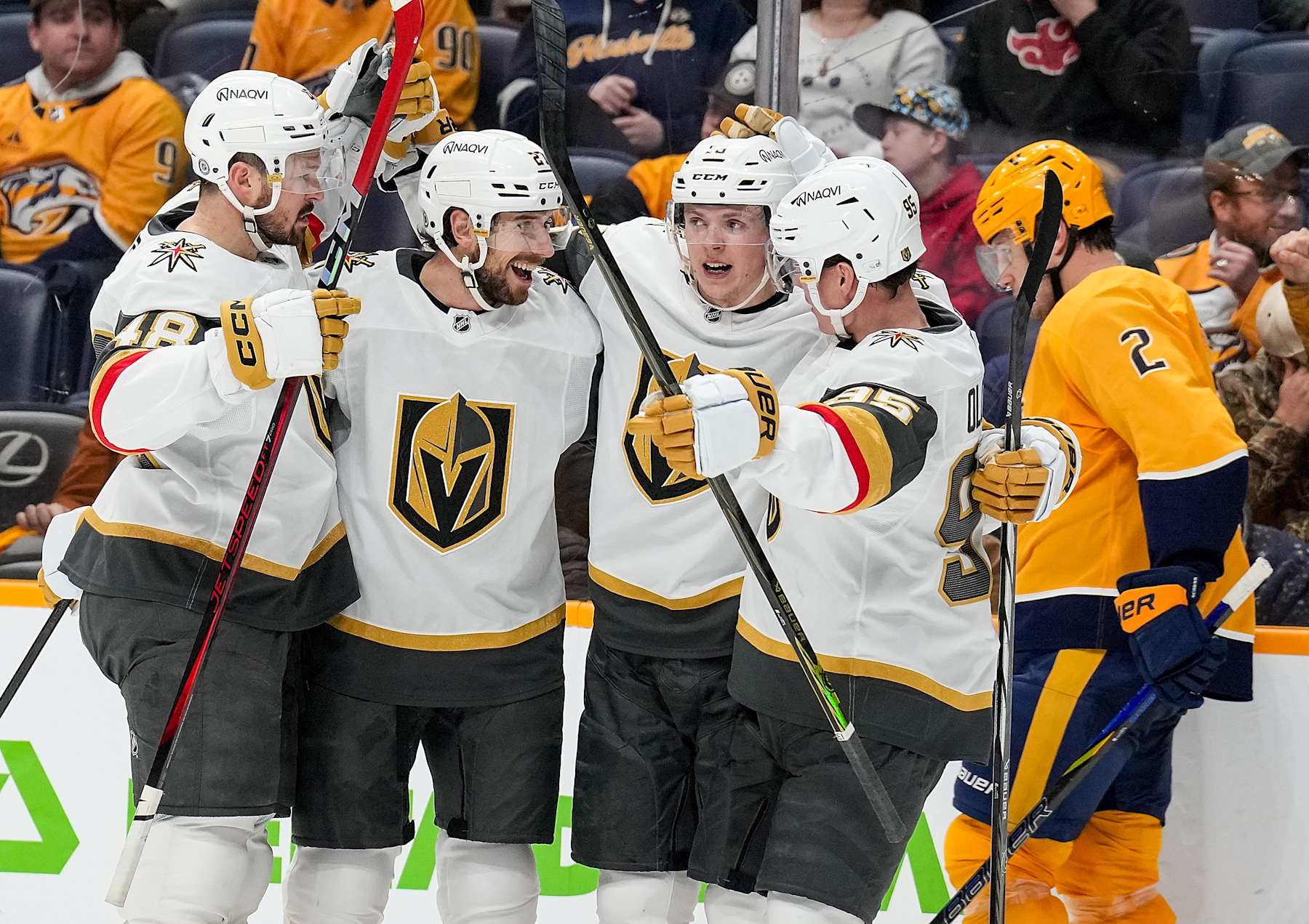 NASHVILLE, TENNESSEE - JANUARY 14: Pavel Dorofeyev #16 of the Vegas Golden Knights celebrates his goal with teammates against the Nashville Predators during an NHL game at Bridgestone Arena on January 14, 2025 in Nashville, Tennessee. (Photo by John Russell/NHLI via Getty Images)