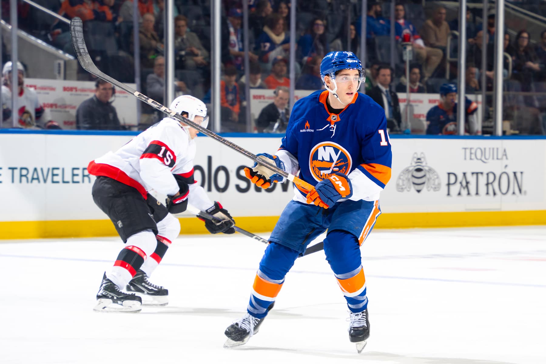 ELMONT, NEW YORK - JANUARY 14: Marc Gatcomb #16 of the New York Islanders skates in his first career NHL game during the first period against the Ottawa Senators at UBS Arena on January 14, 2025 in Elmont, New York. (Photo by Mike Stobe/NHLI via Getty Images)