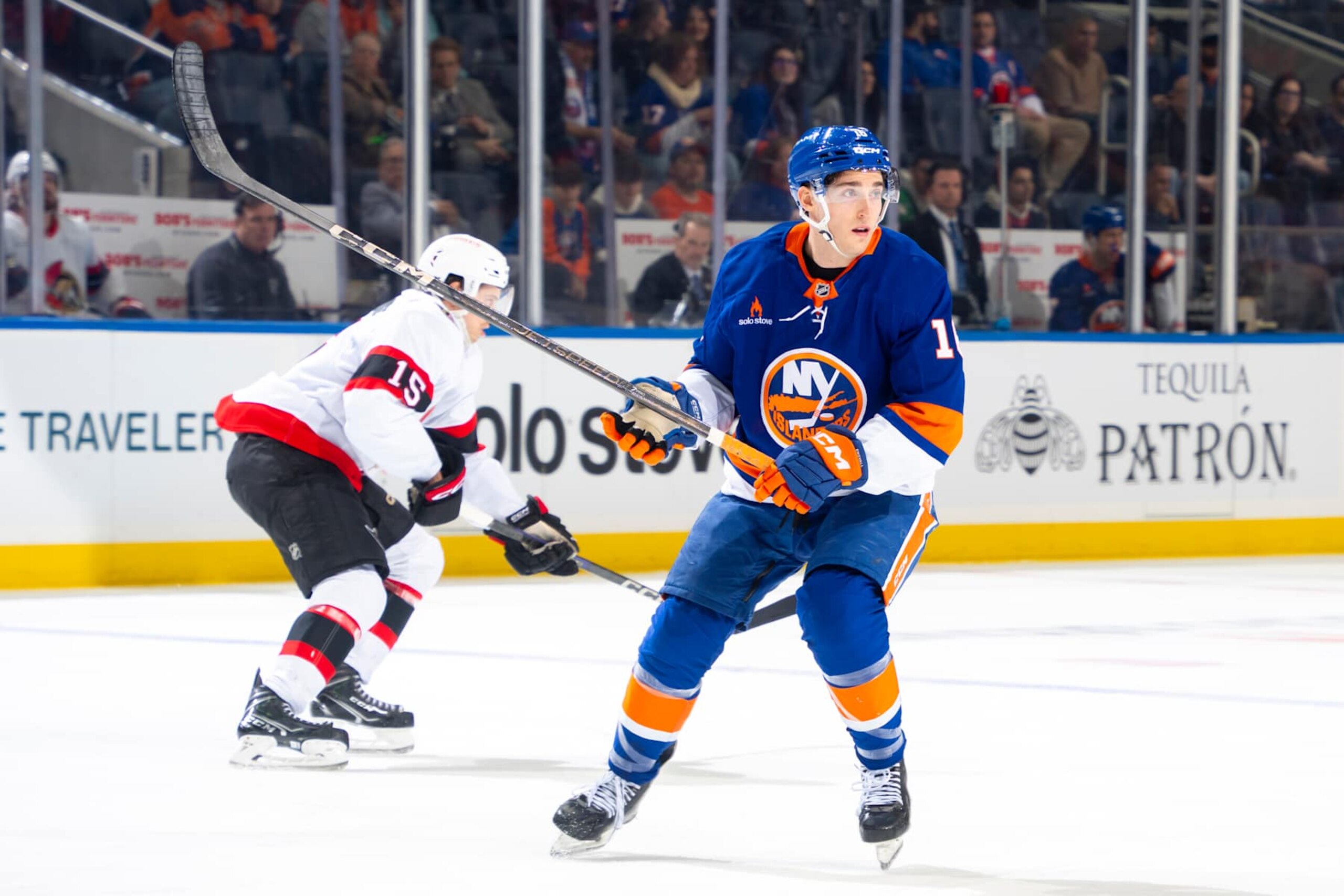 ELMONT, NEW YORK - JANUARY 14: Marc Gatcomb #16 of the New York Islanders skates in his first career NHL game during the first period against the Ottawa Senators at UBS Arena on January 14, 2025 in Elmont, New York. (Photo by Mike Stobe/NHLI via Getty Images) ELMONT, NEW YORK - JANUARY 14: Marc Gatcomb #16 of the New York Islanders skates in his first career NHL game during the first period against the Ottawa Senators at UBS Arena on January 14, 2025 in Elmont, New York. (Photo by Mike Stobe/NHLI via Getty Images)