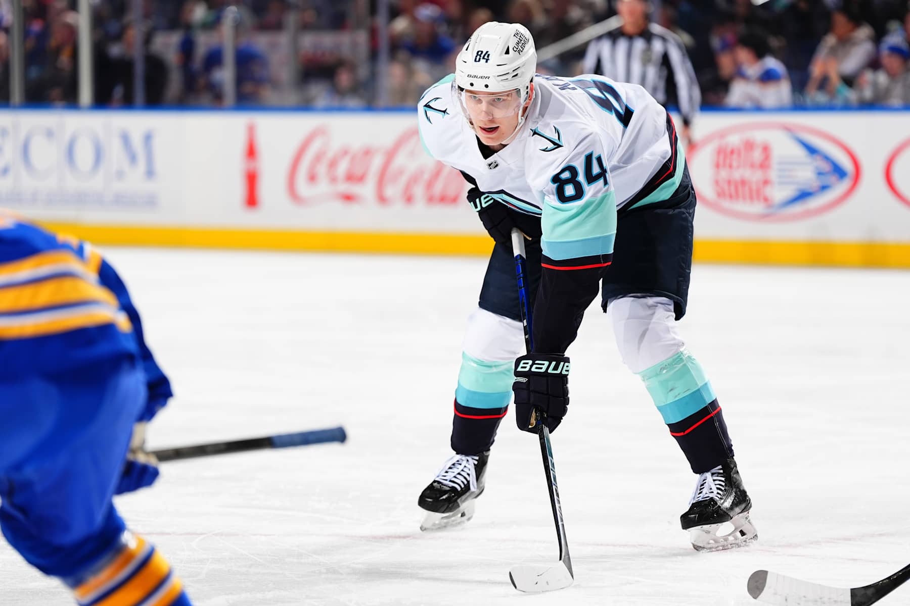 BUFFALO, NEW YORK - JANUARY 11: Kaapo Kakko #84 of the Seattle Kraken looks on before a face-off against the Buffalo Sabres during the first period of an NHL game on January 11, 2025 at KeyBank Center in Buffalo, New York. (Photo by Ben Ludeman/NHLI via Getty Images)