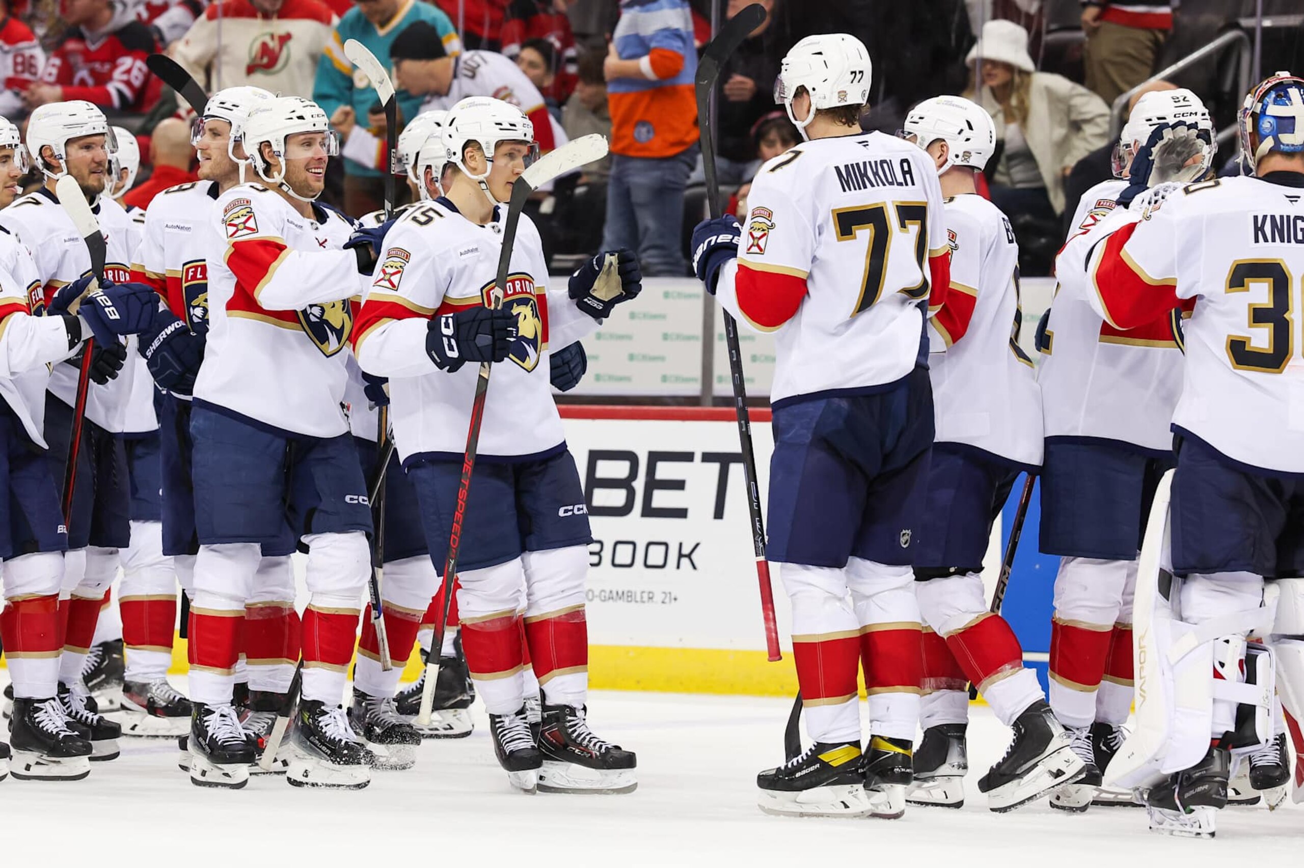 NEWARK, NJ - JANUARY 14: Florida Panthers center Anton Lundell (15) celebrates after scoring the game winning goal in the shootout during a NHL game between the Florida Panthers and New Jersey Devils at Prudential Center on January 14, 2025 in Newark, New Jersey. (Photo by Andrew Mordzynski/Icon Sportswire via Getty Images) NEWARK, NJ - JANUARY 14: Florida Panthers center Anton Lundell (15) celebrates after scoring the game winning goal in the shootout during a NHL game between the Florida Panthers and New Jersey Devils at Prudential Center on January 14, 2025 in Newark, New Jersey. (Photo by Andrew Mordzynski/Icon Sportswire via Getty Images)