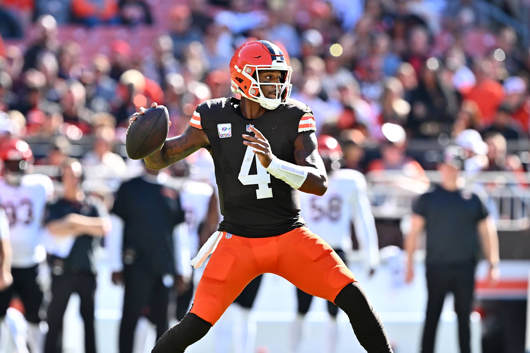 CLEVELAND, OHIO - OCTOBER 20: Deshaun Watson #4 of the Cleveland Browns throws a pass in the second quarter of a game against the Cincinnati Bengals at Huntington Bank Field on October 20, 2024 in Cleveland, Ohio. (Photo by Jason Miller/Getty Images)