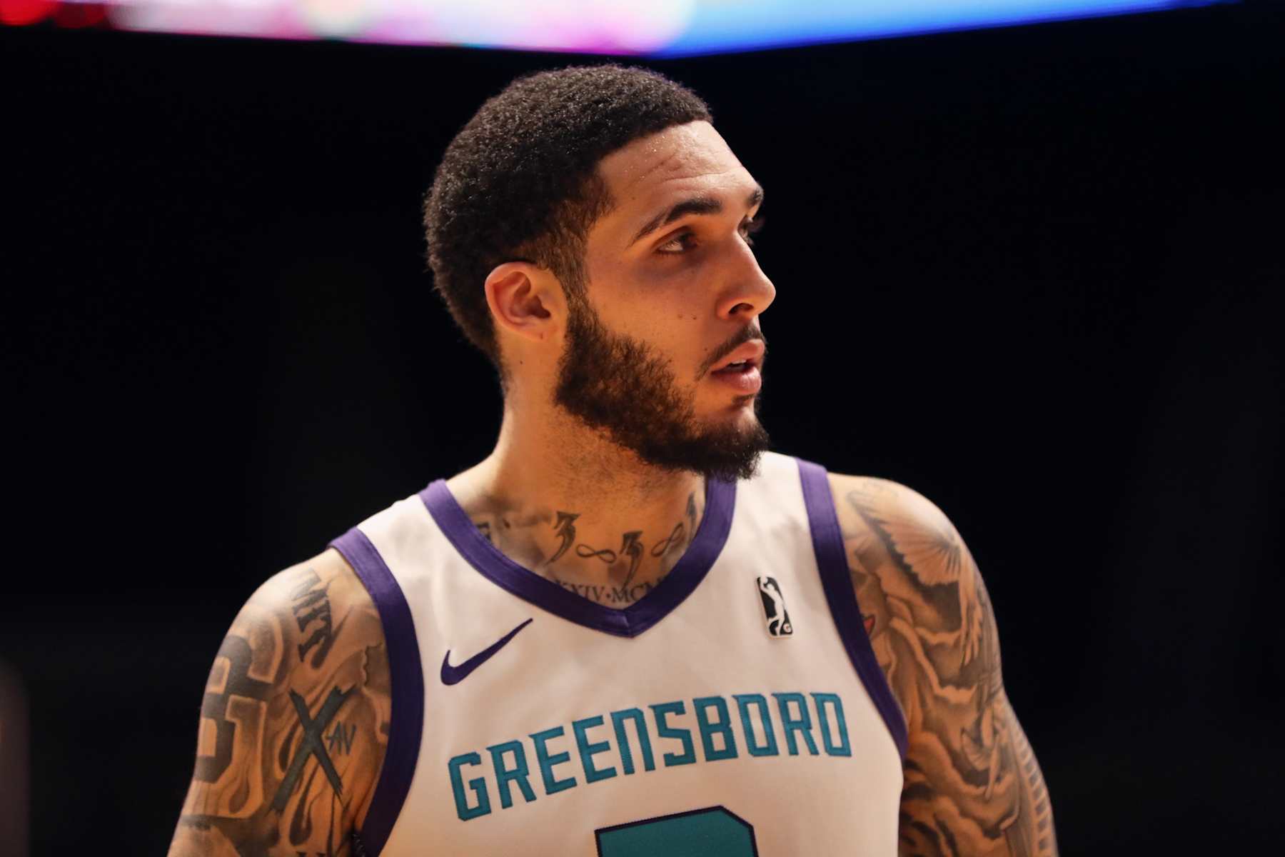 UNIONDALE, NY - DECEMBER 27: LiAngelo Ball #3 of the Greensboro Swarm looks on during the game against the Long Island Nets on December 27, 2022 in Uniondale, NY. NOTE TO USER: User expressly acknowledges and agrees that, by downloading and/or using this photograph, user is consenting to the terms and conditions of the Getty Images License Agreement. Mandatory Copyright Notice: Copyright 2022 NBAE (Photo by Luther Schlaifer/NBAE via Getty Images)