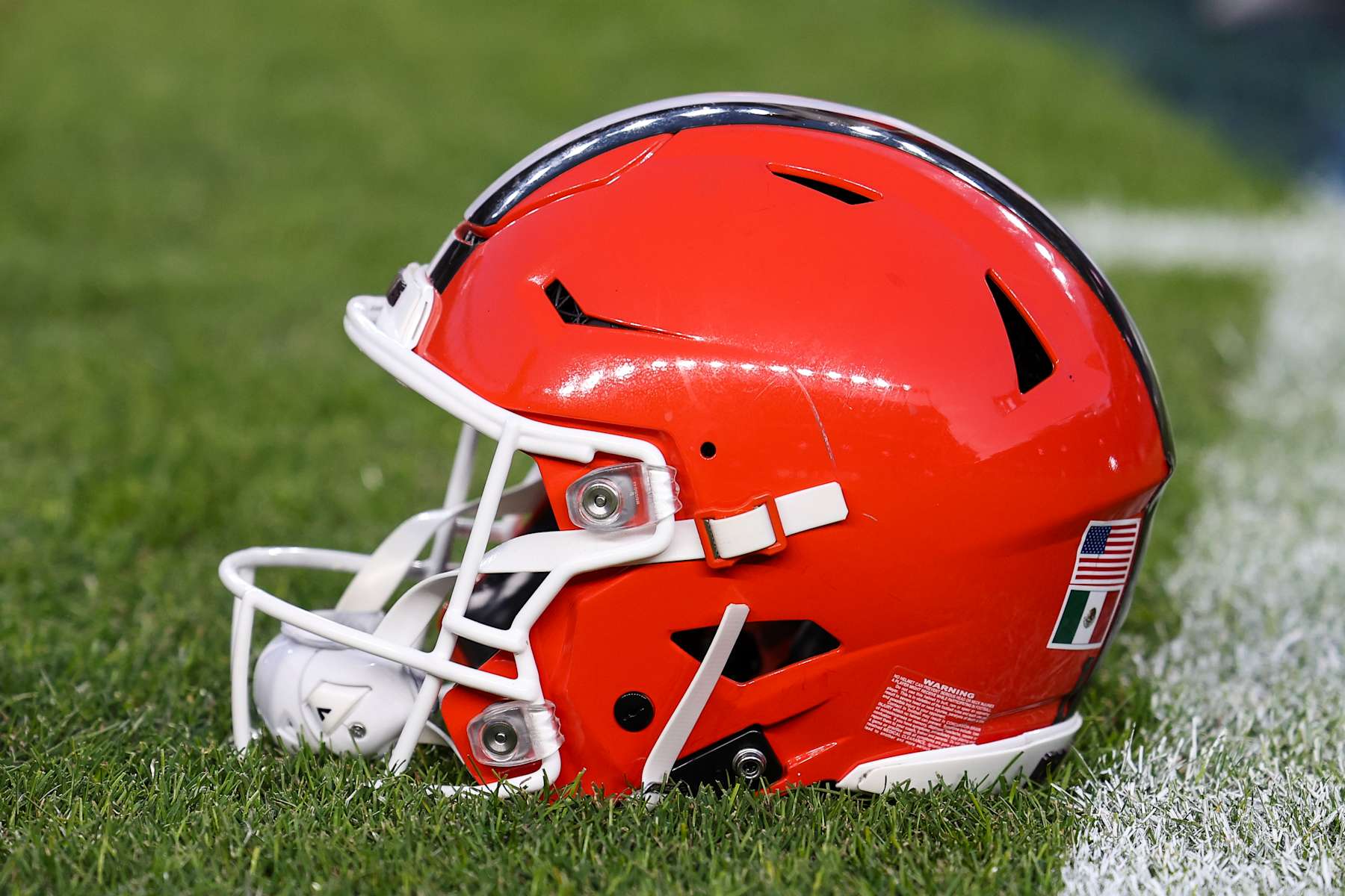 DENVER, COLORADO - DECEMBER 02:  Detailed view of a Cleveland Browns helmet prior to an NFL football game between the Cleveland Browns and the Denver Broncos at Empower Field at Mile High on December 2, 2024 in Denver, Colorado (Photo by Perry Knotts/Getty Images)
