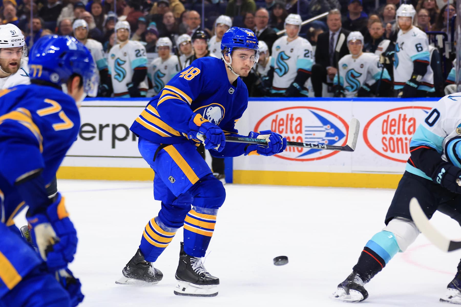 BUFFALO, NEW YORK - JANUARY 11: Tyson Kozak #48 of the Buffalo Sabres skates against the Seattle Kraken during an NHL game on January 11, 2025 at KeyBank Center in Buffalo, New York. (Photo by Bill Wippert/NHLI via Getty Images)