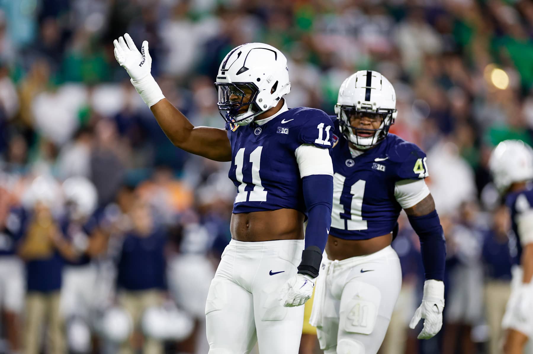 MIAMI GARDENS, FL - JANUARY 09: Defensive end #11 Abdul Carter of the Penn State Nittany Lions reacts after a play during the Penn State Nittany Lions versus the Notre Dame Fighting Irish College Football Playoff Semifinal at the Orange Bowl on January 9, 2025 at Hard Rock Stadium in Miami Gardens, Fl. (Photo by David Rosenblum/Icon Sportswire via Getty Images)