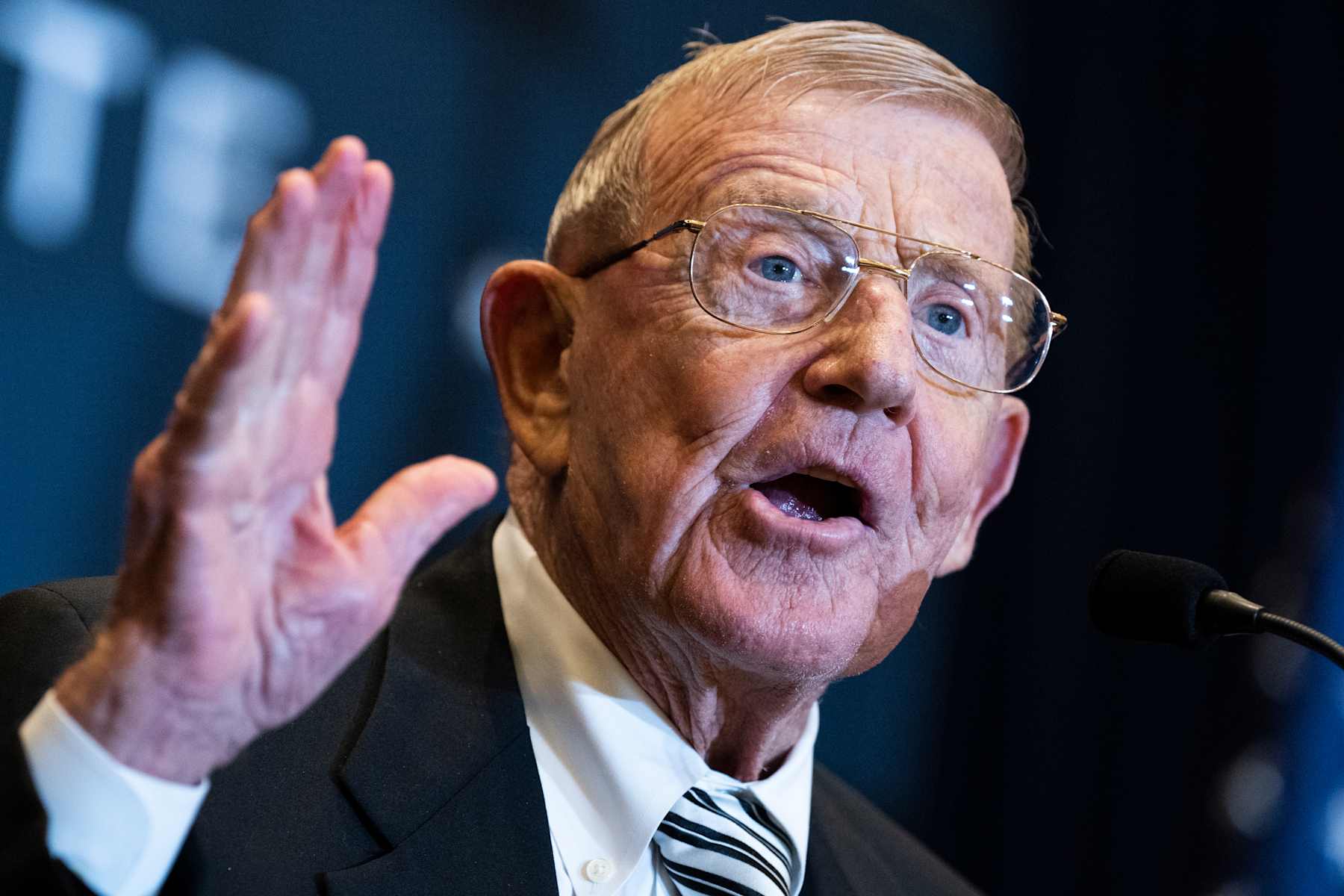 UNITED STATES - JULY 26: Lou Holtz, former Notre Dame football coach, addresses the America First Policy Institute's America First Agenda Summit at the Marriott Marquis on Tuesday, July 26, 2022. (Tom Williams/CQ-Roll Call, Inc via Getty Images)