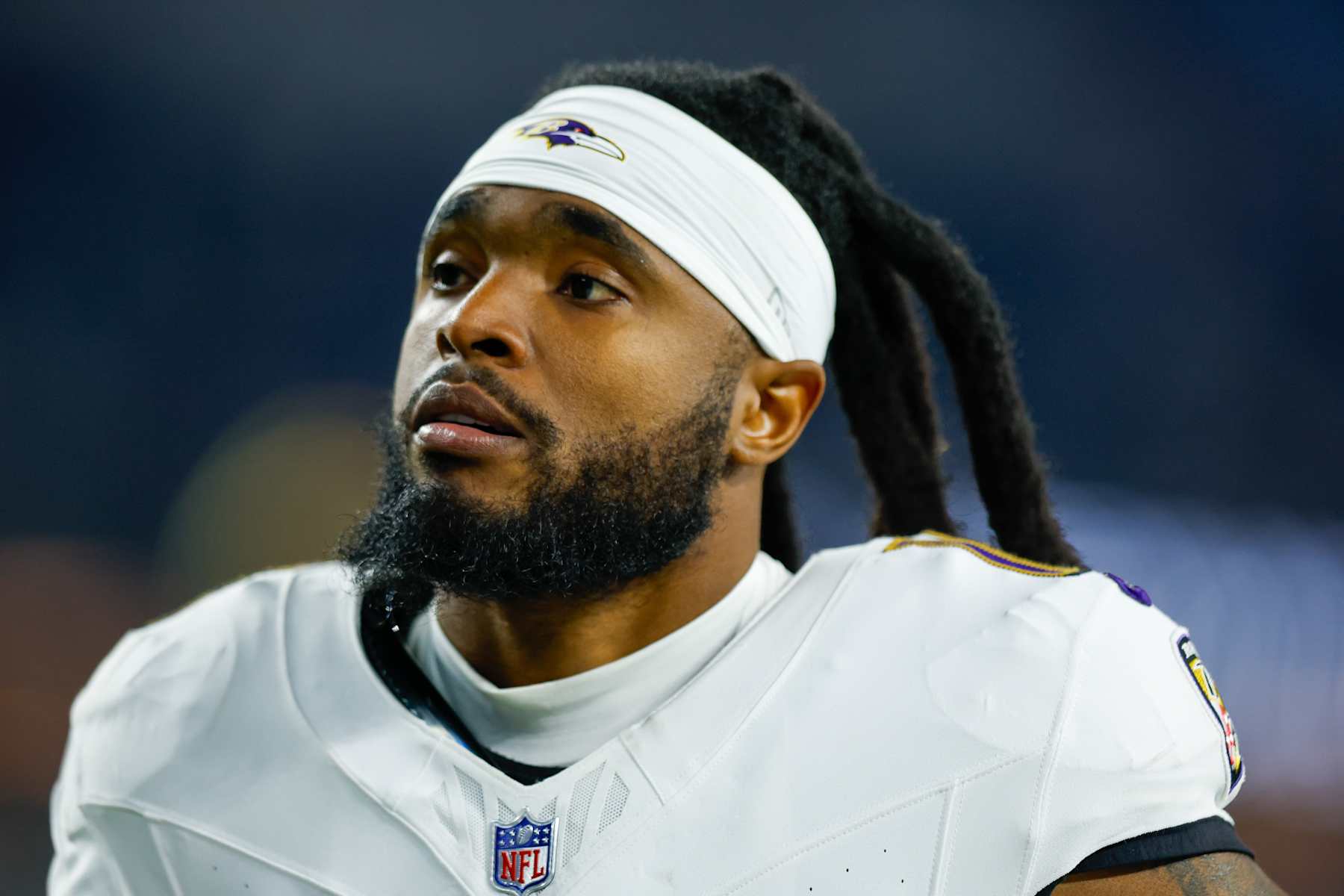 INGLEWOOD, CA - NOVEMBER 25: Baltimore Ravens wide receiver Diontae Johnson (18) leaves the football field after the NFL game between the Baltimore Ravens and the Los Angeles Chargers on November 25, 2024, at SoFi Stadium in Inglewood, CA. (Photo by Jordon Kelly/Icon Sportswire via Getty Images)
