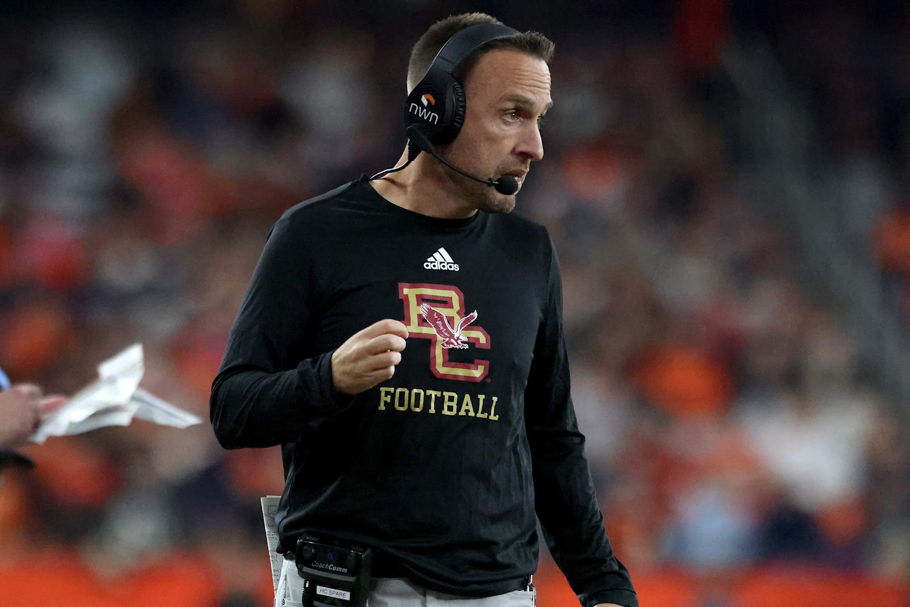 SYRACUSE, NEW YORK - NOVEMBER 03: Head Coach Jeff Hafley of the Boston College Eagles looks on during the second quarter against the Syracuse Orange at JMA Wireless Dome on November 03, 2023 in Syracuse, New York. (Photo by Bryan M. Bennett/Getty Images)