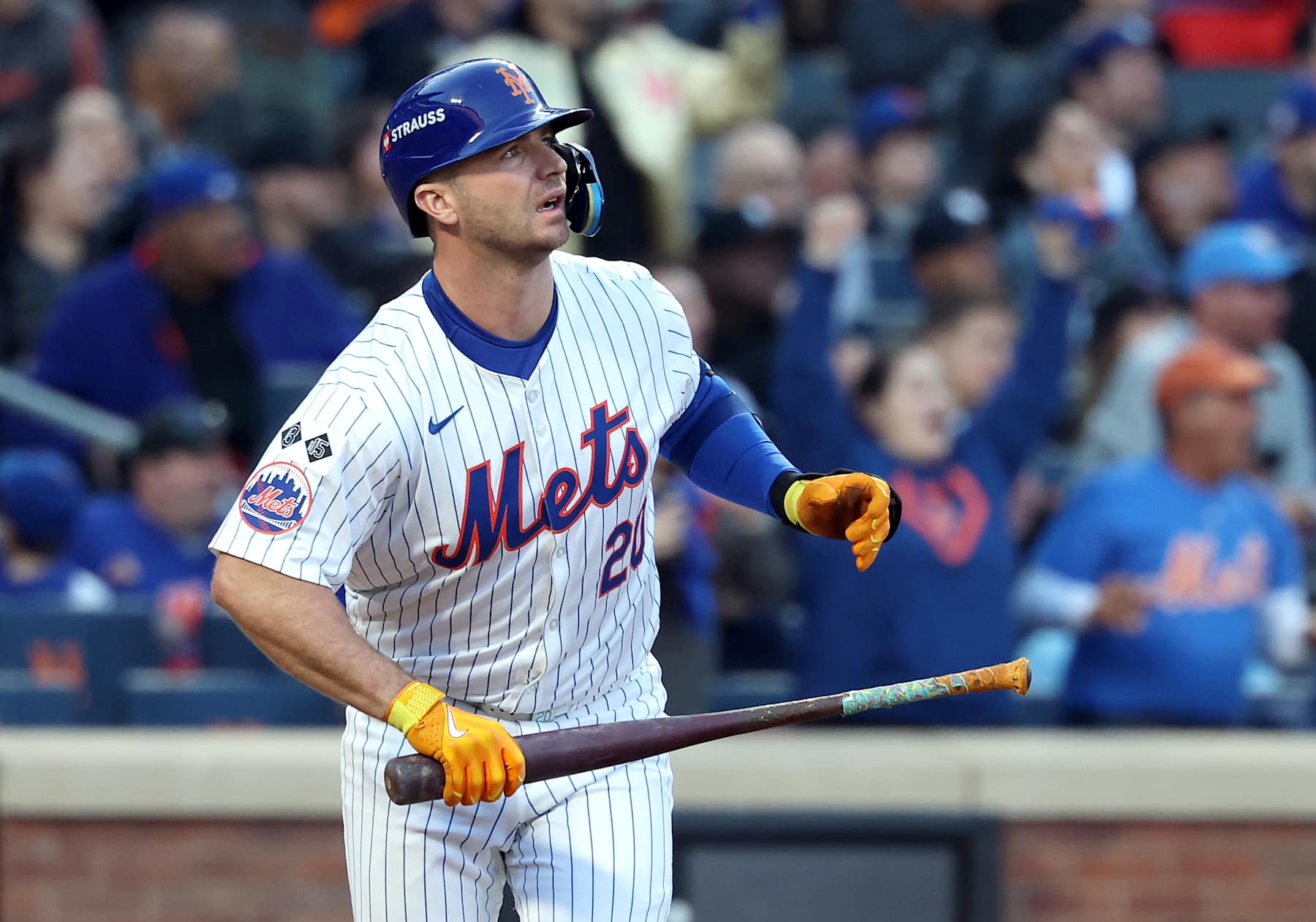 NEW YORK, NEW YORK - OCTOBER 18: Pete Alonso #20 of the New York Mets watches after hitting a three-run home run in the first inning against the Los Angeles Dodgers during Game Five of the National League Championship Series at Citi Field on October 18, 2024 in New York City. (Photo by Al Bello/Getty Images)