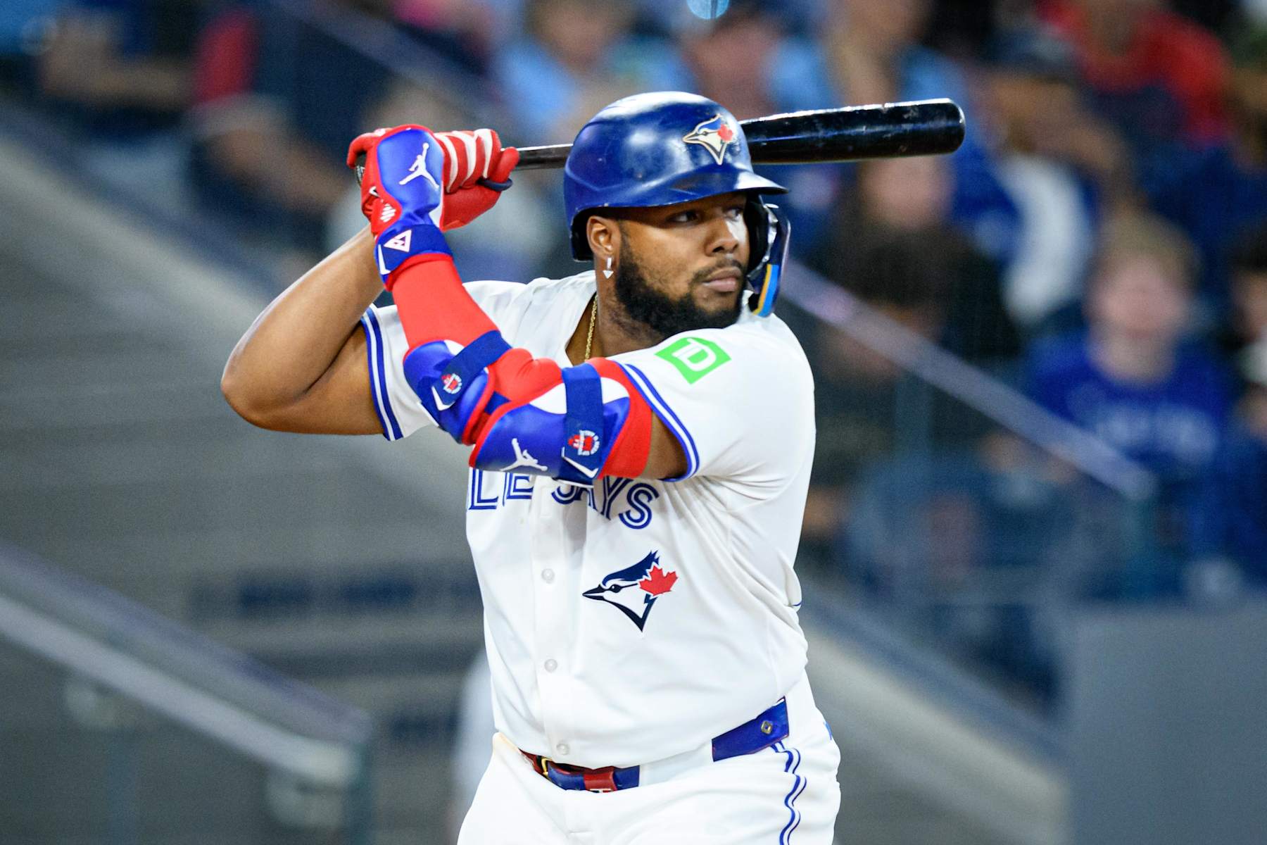 TORONTO, ON - SEPTEMBER 27: Toronto Blue Jays First base Vladimir Guerrero Jr. (27) bats during the MLB baseball regular season game between the Miami Marlins and the Toronto Blue Jays on September 27, 2024, at Rogers Centre in Toronto, ON, Canada. (Photo by Julian Avram/Icon Sportswire via Getty Images)