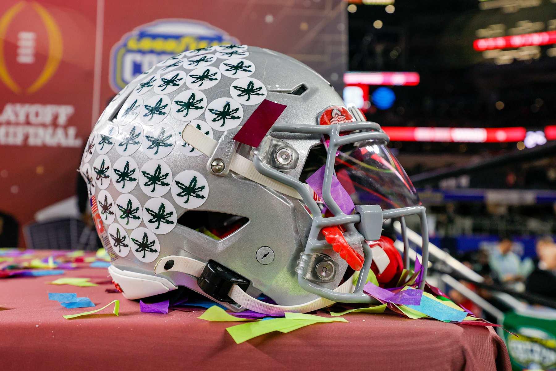 ARLINGTON, TX - JANUARY 10: A Ohio State Buckeyes helmet sits on a table after the Ohio State Buckeyes versus Texas Longhorns College Football Playoff Semifinal at the Cotton Bowl Classic on January 10, 2025, at AT&T Stadium in Arlington, TX. (Photo by Matthew Pearce/Icon Sportswire via Getty Images)