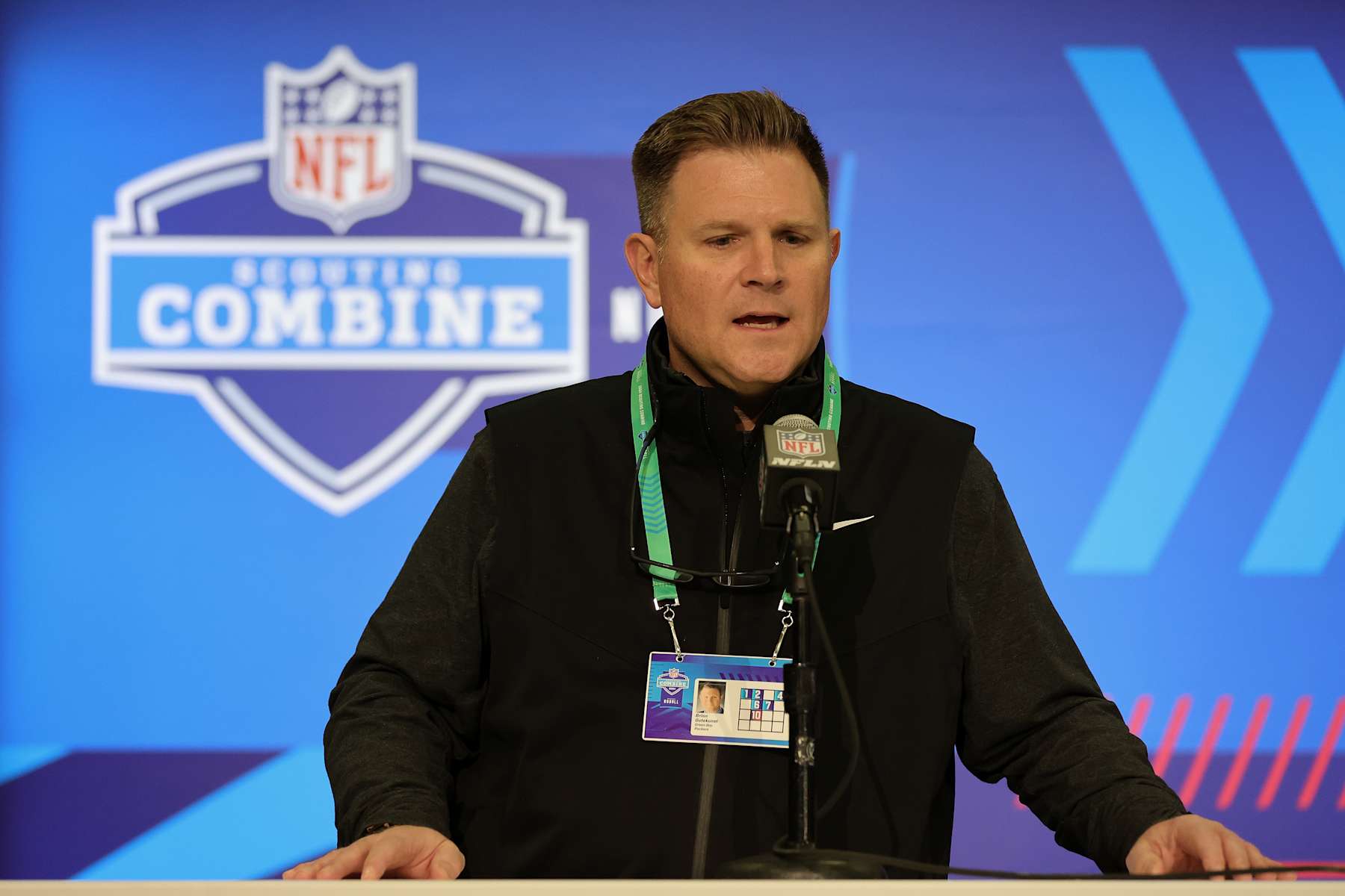 INDIANAPOLIS, INDIANA - FEBRUARY 27: General manager Brian Gutekunst of the Green Bay Packers speaks to the media during the NFL Combine at the Indiana Convention Center on February 27, 2024 in Indianapolis, Indiana. (Photo by Stacy Revere/Getty Images)
