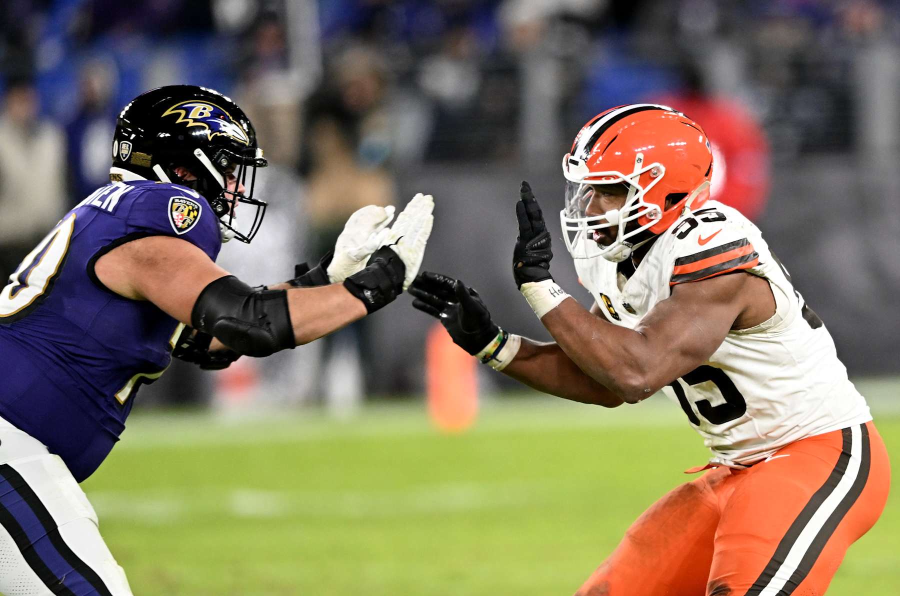 BALTIMORE, MARYLAND - JANUARY 04: Myles Garrett #95 of the Cleveland Browns lines up against Roger Rosengarten #70 of the Baltimore Ravens at M&T Bank Stadium on January 04, 2025 in Baltimore, Maryland. (Photo by G Fiume/Getty Images)