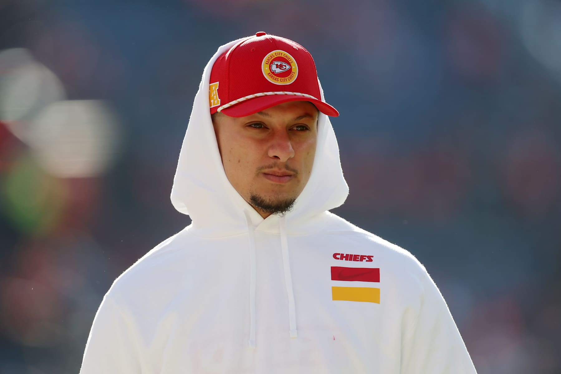 DENVER, COLORADO - JANUARY 05: Patrick Mahomes #15 of the Kansas City Chiefs walks across the field before the game against the Denver Broncos at Empower Field At Mile High on January 05, 2025 in Denver, Colorado. (Photo by Matthew Stockman/Getty Images)