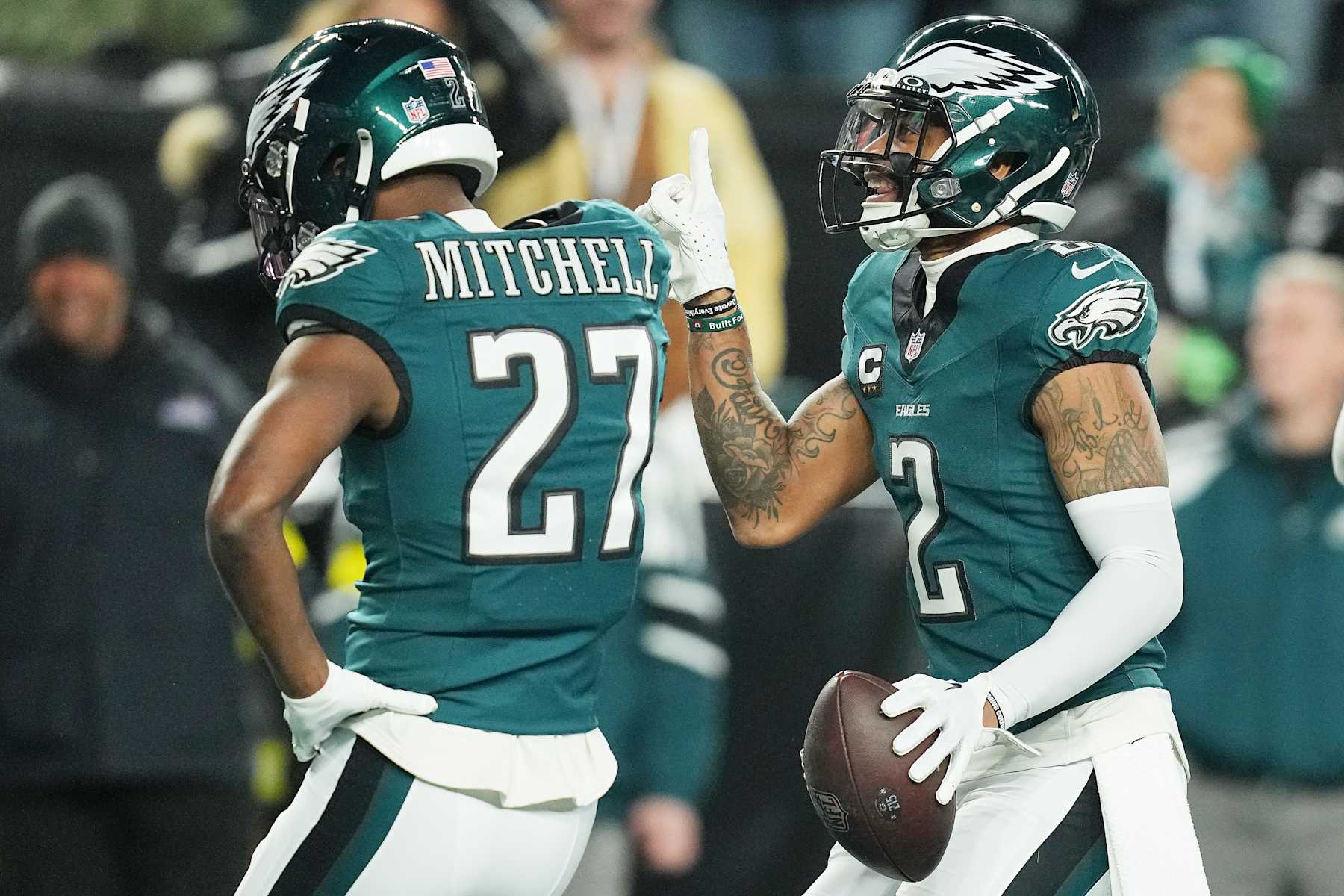 PHILADELPHIA, PENNSYLVANIA - JANUARY 12: Darius Slay Jr. #2 of the Philadelphia Eagles celebrates after an interception in the second quarter of a game against the Green Bay Packers during the NFC Wild Card Playoff at Lincoln Financial Field on January 12, 2025 in Philadelphia, Pennsylvania. (Photo by Mitchell Leff/Getty Images)