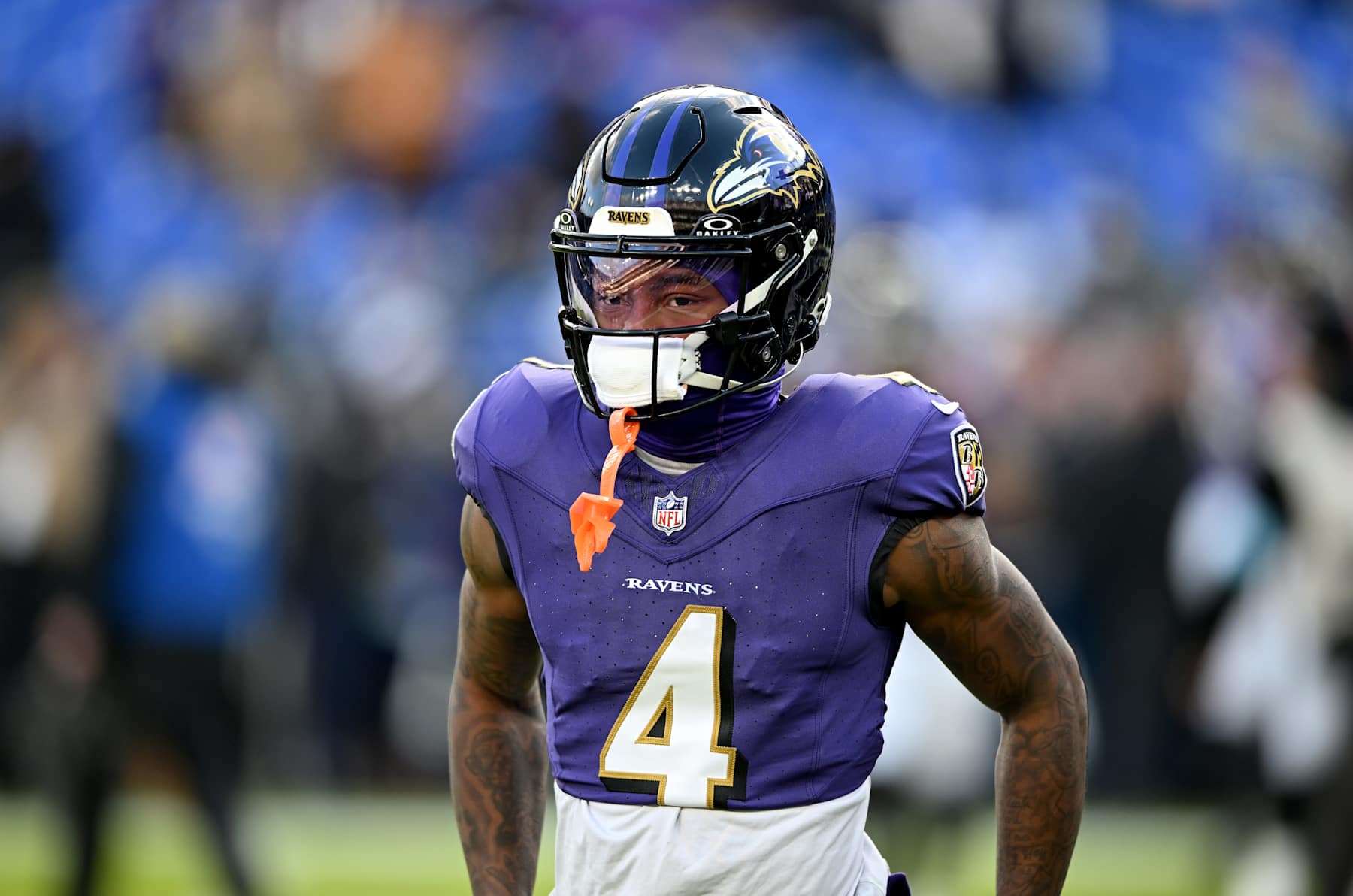 BALTIMORE, MARYLAND - JANUARY 04: Zay Flowers #4 of the Baltimore Ravens warms up before the game against the Cleveland Browns at M&T Bank Stadium on January 04, 2025 in Baltimore, Maryland. (Photo by G Fiume/Getty Images)