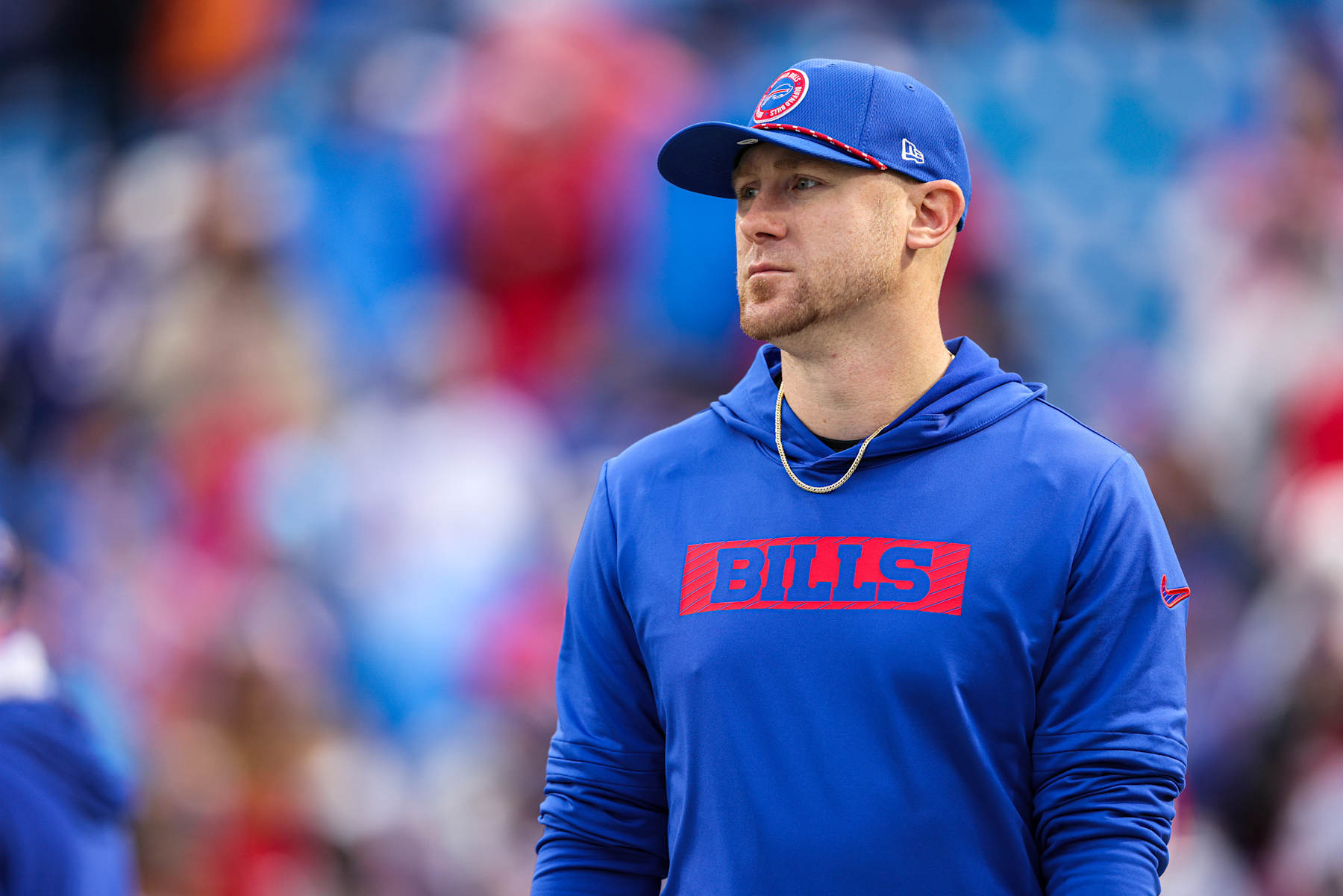 ORCHARD PARK, NEW YORK - DECEMBER 29: Offensive Coordinator Joe Brady of the Buffalo Bills looks on prior to a game against the New York Jets at Highmark Stadium on December 29, 2024 in Orchard Park, New York. (Photo by Bryan Bennett/Getty Images)