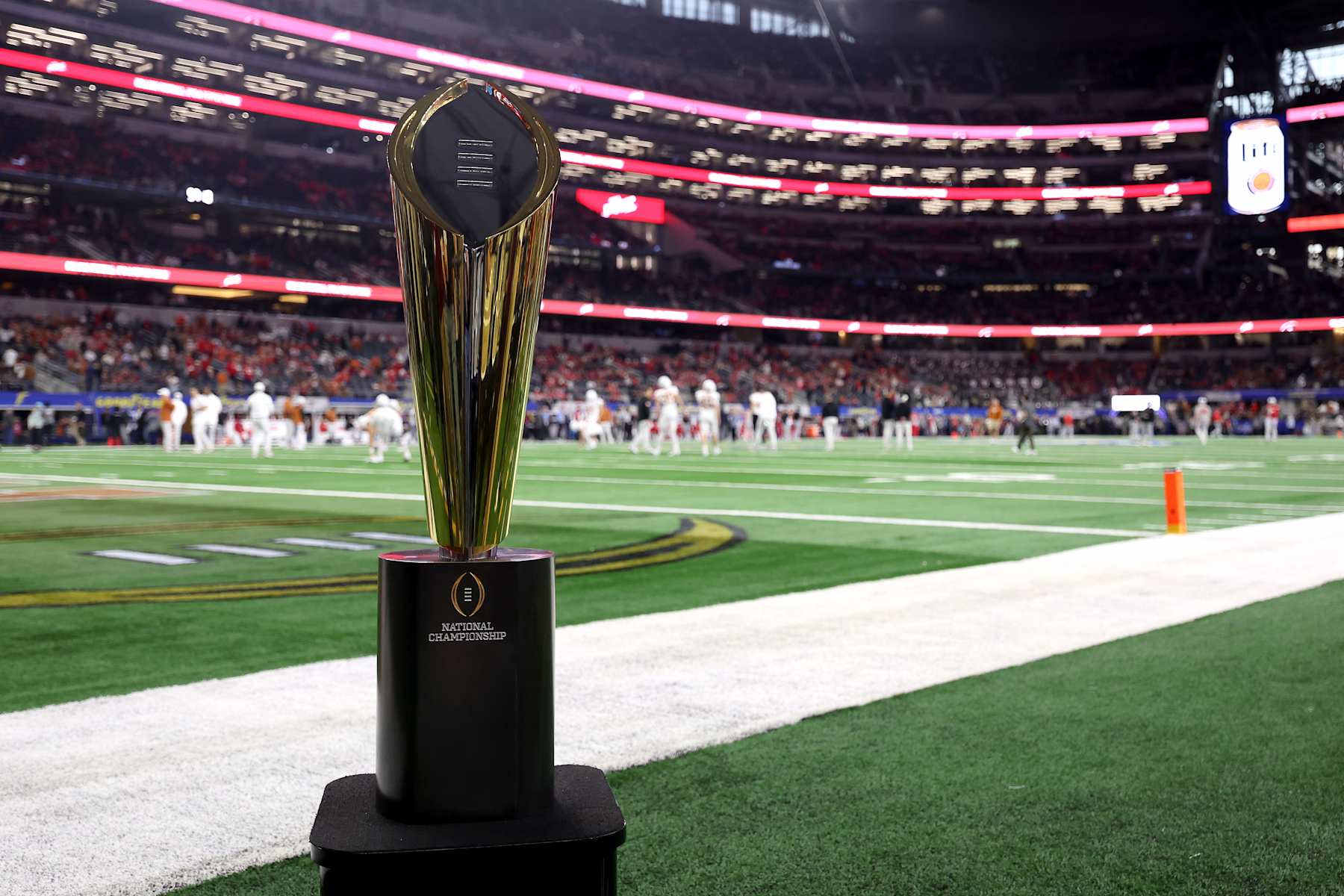 ARLINGTON, TEXAS - JANUARY 10: A general view of the College Football Playoff National Championship Trophy before the Goodyear Cotton Bowl between the Ohio State Buckeyes and the Texas Longhorns at AT&T Stadium on January 10, 2025 in Arlington, Texas. (Photo by Sam Hodde/Getty Images)