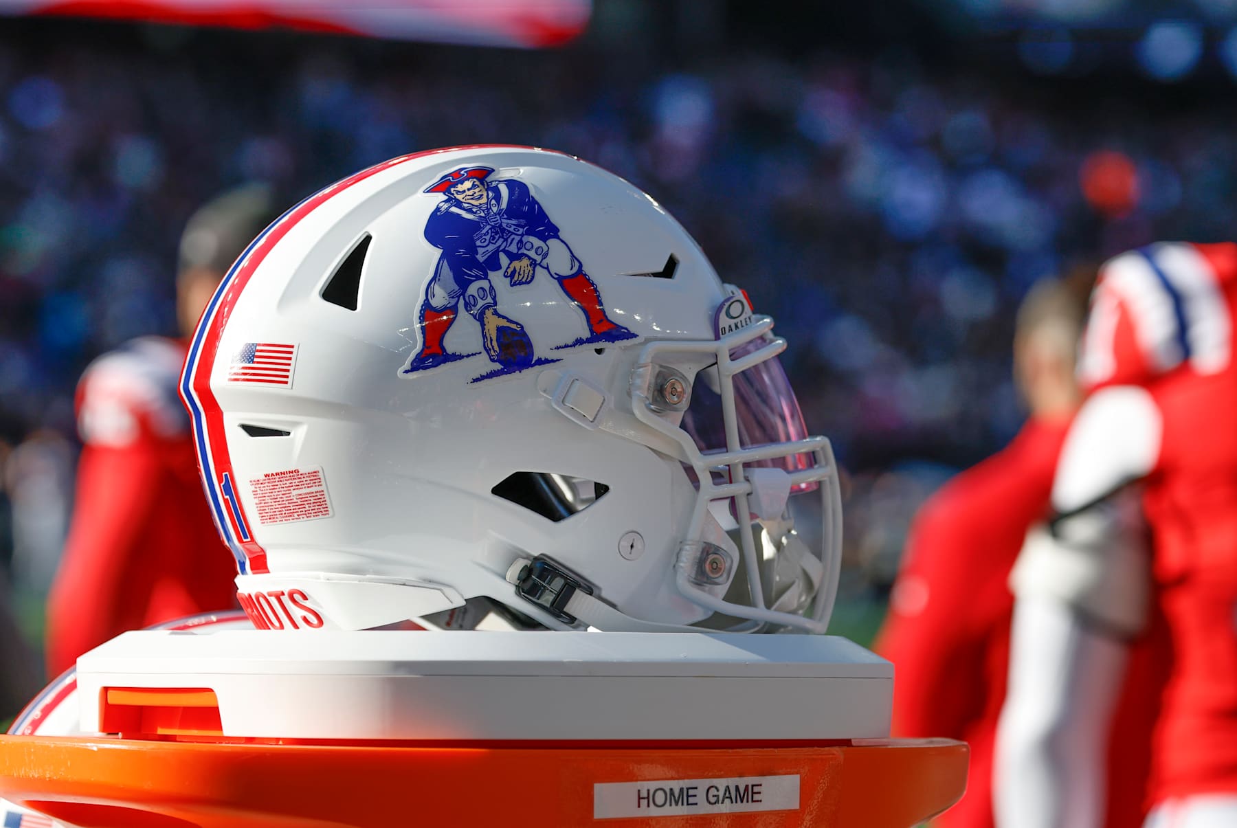FOXBOROUGH, MA - DECEMBER 01: Patriots helmet with the Pat Patriot logo before a game between the New England Patriots and the Indianapolis Colts on December 1, 2024, at Gillette Stadium in Foxborough, Massachusetts. (Photo by Fred Kfoury III/Icon Sportswire via Getty Images)