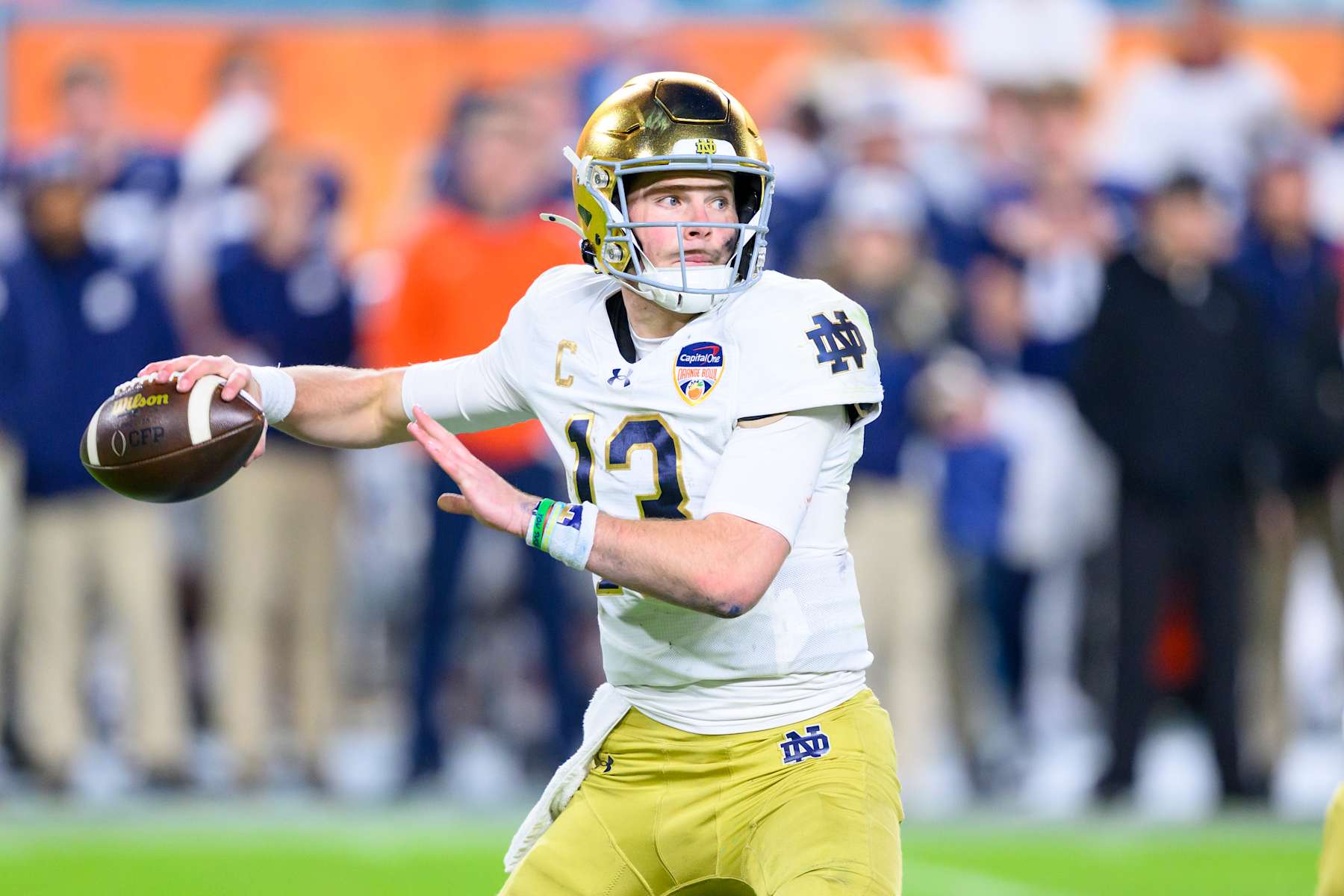 MIAMI GARDENS, FL - JANUARY 09: Quarterback Riley Leonard #13 of the Notre Dame Fighting Irish throws the ball during the Penn State Nittany Lions versus Notre Dame Fighting Irish College Football Playoff Semifinal at the Capital One Orange Bowl on January 9, 2025, at Hard Rock Stadium in Miami Gardens, FL. (Photo by Doug Murray/Icon Sportswire via Getty Images)