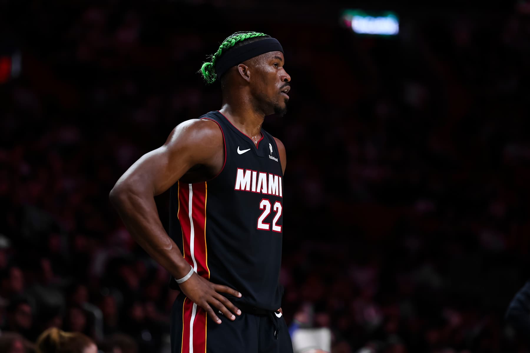 MIAMI, FLORIDA - JANUARY 02: Jimmy Butler #22 of the Miami Heat looks on during the first quarter against the Indiana Pacers at Kaseya Center on January 02, 2025 in Miami, Florida. NOTE TO USER: User expressly acknowledges and agrees that, by downloading and or using this photograph, User is consenting to the terms and conditions of the Getty Images License Agreement. (Photo by Brennan Asplen/Getty Images)