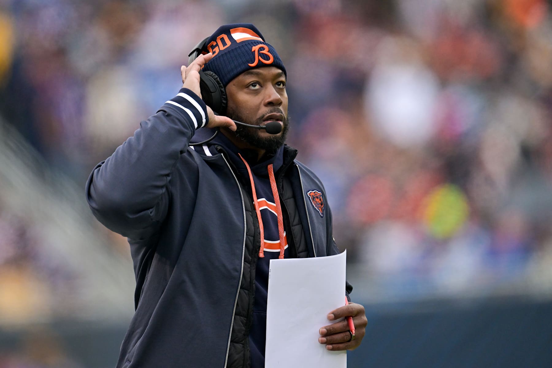 CHICAGO, ILLINOIS - DECEMBER 22: Head coach Thomas Brown of the Chicago Bears looks on during the second quarter against the Detroit Lions at Soldier Field on December 22, 2024 in Chicago, Illinois. (Photo by Quinn Harris/Getty Images)
