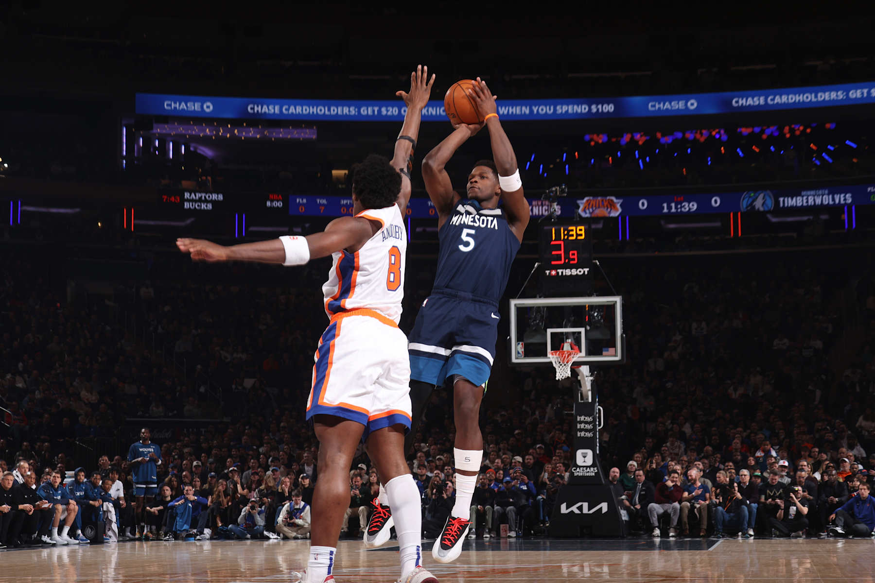 NEW YORK, NY - JANUARY 17: Anthony Edwards #5 of the Minnesota Timberwolves shoots the ball during the game against the New York Knicks on January 17, 2025 at Madison Square Garden in New York City, New York.  NOTE TO USER: User expressly acknowledges and agrees that, by downloading and or using this photograph, User is consenting to the terms and conditions of the Getty Images License Agreement. Mandatory Copyright Notice: Copyright 2025 NBAE  (Photo by Nathaniel S. Butler/NBAE via Getty Images)