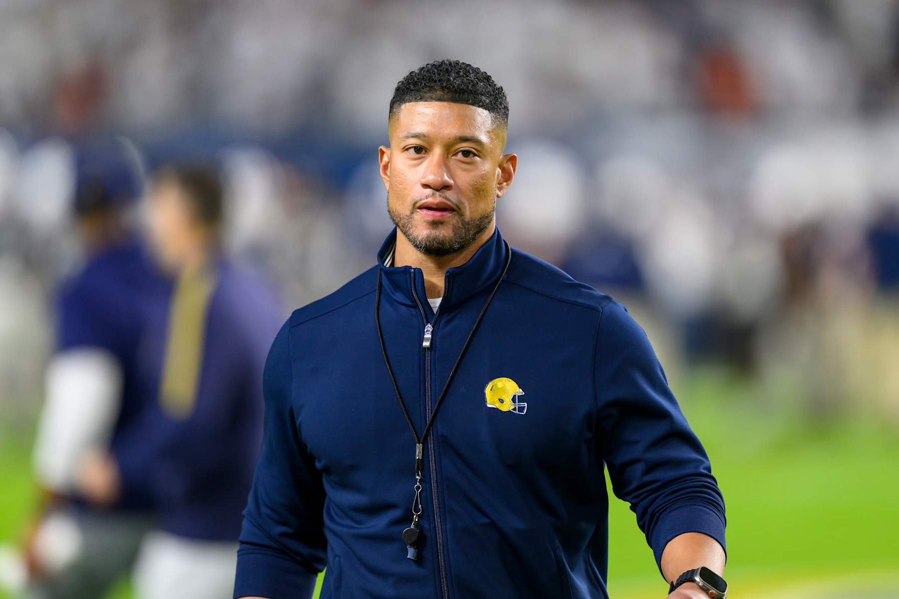 MIAMI GARDENS, FL - JANUARY 09: Head Coach Marcus Freeman of the Notre Dame Fighting Irish watches the players on the field before the Penn State Nittany Lions versus Notre Dame Fighting Irish College Football Playoff Semifinal at the Capital One Orange Bowl on January 9, 2025, at Hard Rock Stadium in Miami Gardens, FL. (Photo by Doug Murray/Icon Sportswire via Getty Images)